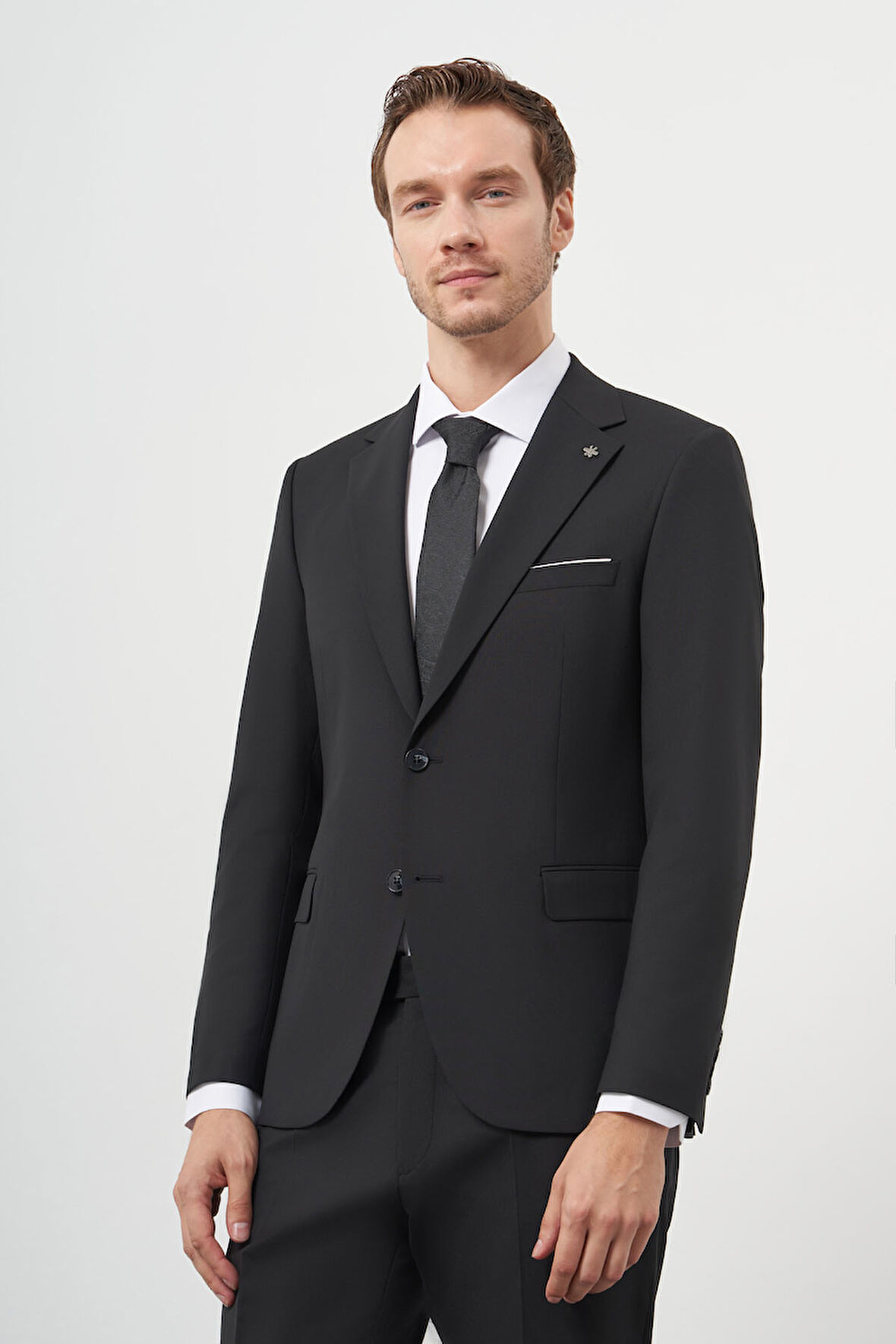  Erkek Siyah Yünlü Slim Fit Mono Yaka Takım Elbise