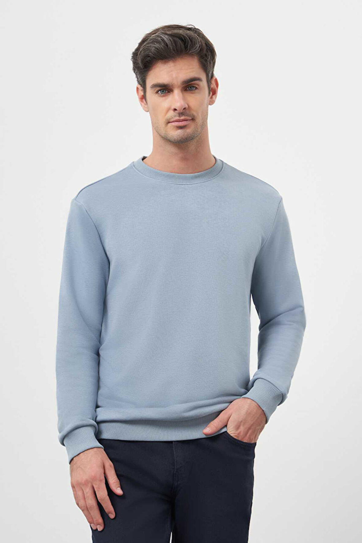  Erkek Mavi Basic Bisiklet Yaka Sweat-Shirt