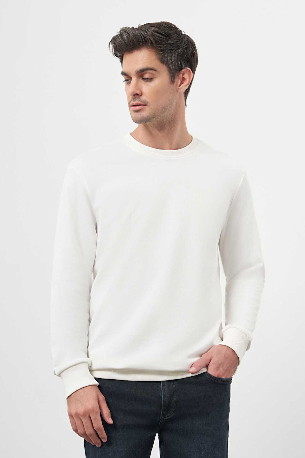  Erkek Beyaz Basic Bisiklet Yaka Sweat-Shirt