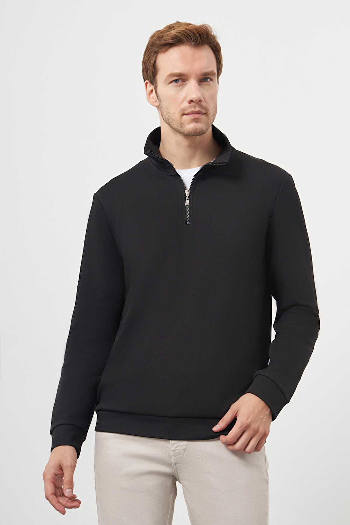  Erkek Siyah Fermuarlı Bato Yaka Sweat-Shirt