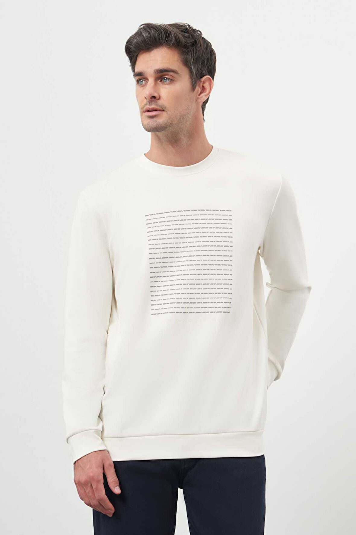  Erkek Ekru Trend Bisiklet Yaka Sweat-Shirt