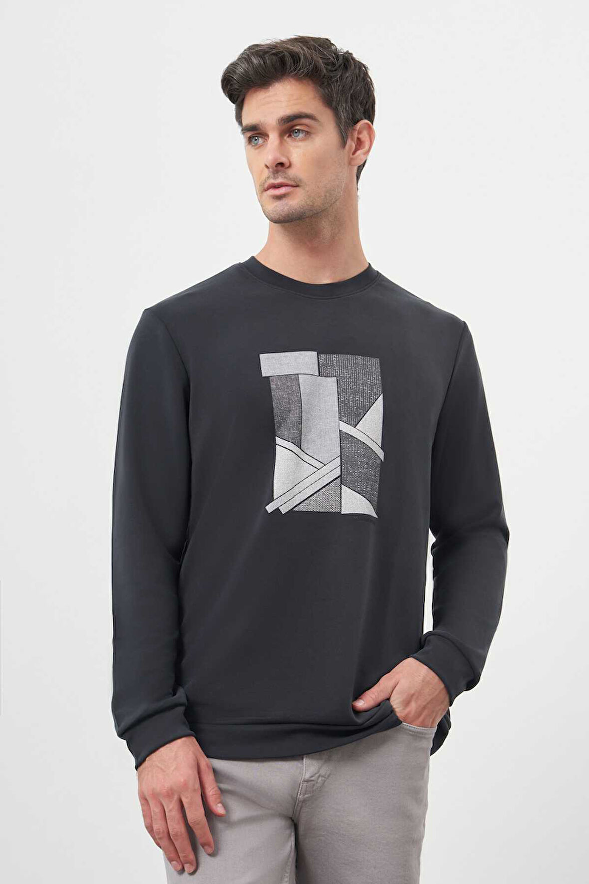  Erkek Siyah Trend Bisiklet Yaka Sweat-Shirt