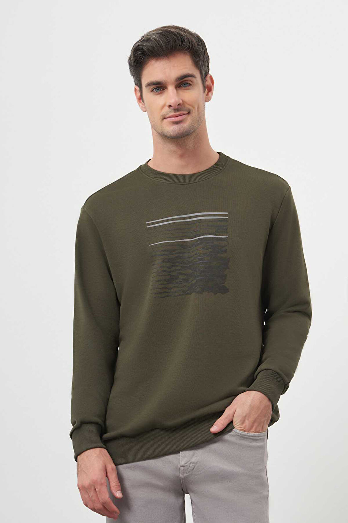  Erkek Haki Trend Bisiklet Yaka Sweat-Shirt