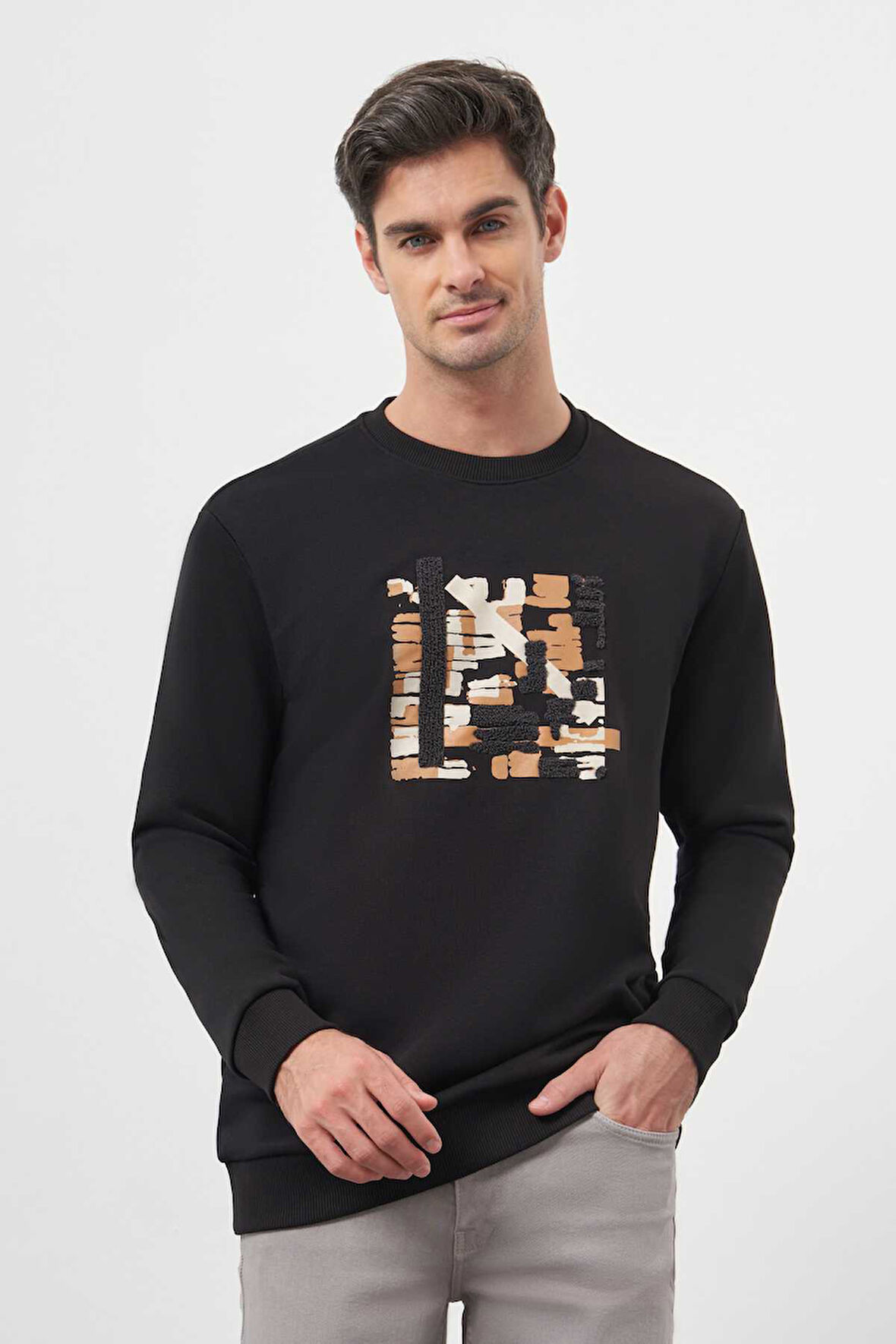  Erkek Siyah Trend Bisiklet Yaka Sweat-Shirt