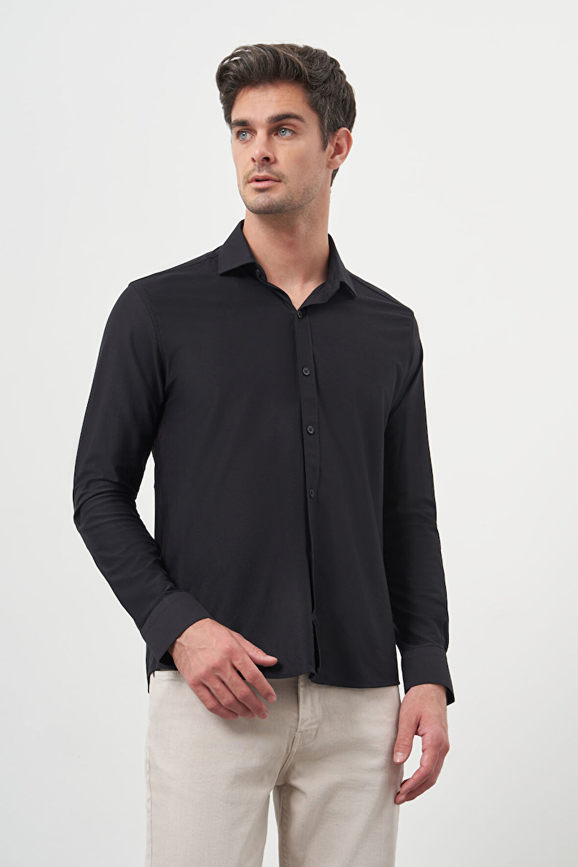  Erkek Siyah Trend Slim Fit İtalyan Yaka Gömlek