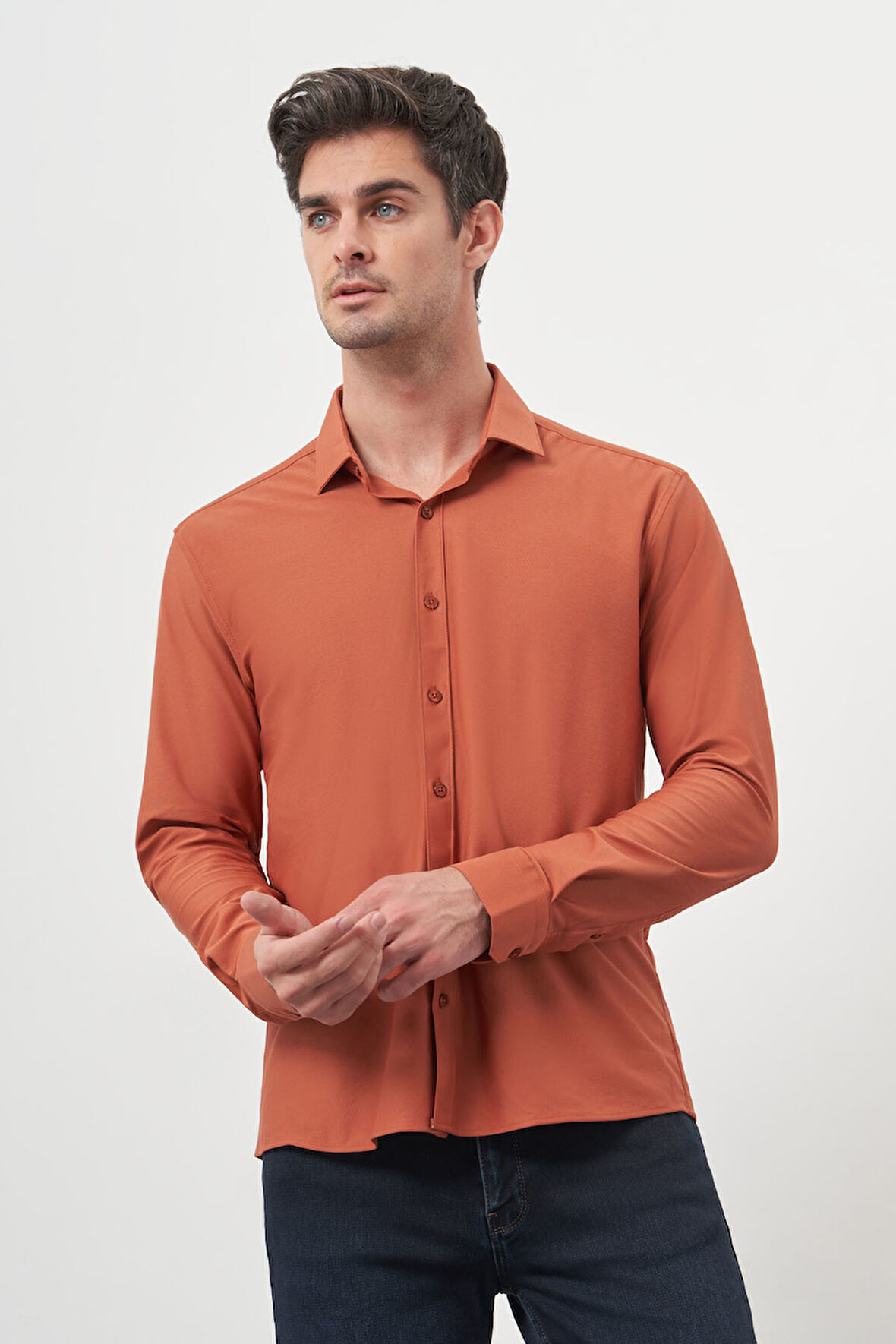  Erkek Kiremit Trend Slim Fit İtalyan Yaka Gömlek