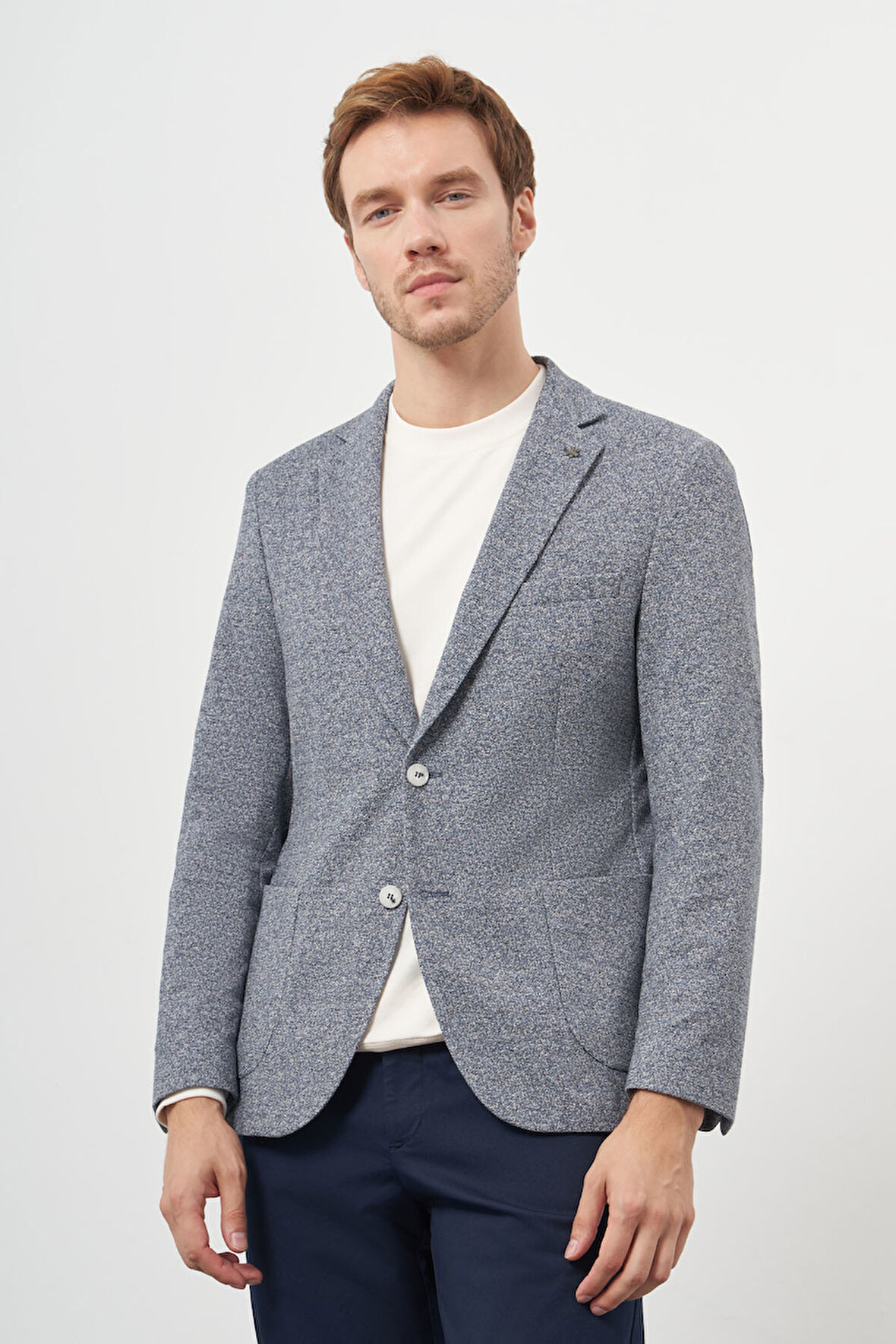  Erkek İndigo Örme Trend Slim Fit Mono Yaka Ceket