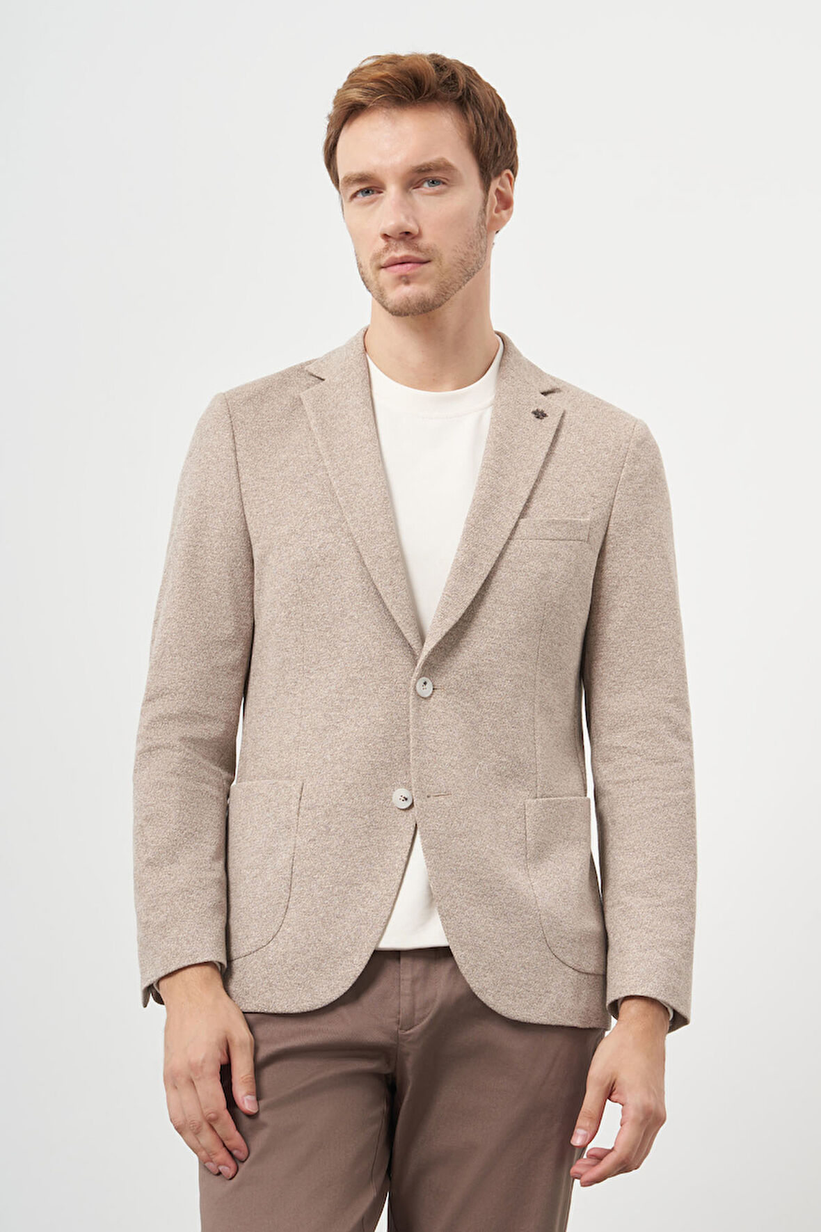  Erkek AÇIK KAHVE Örme Trend Slim Fit Mono Yaka Ceket