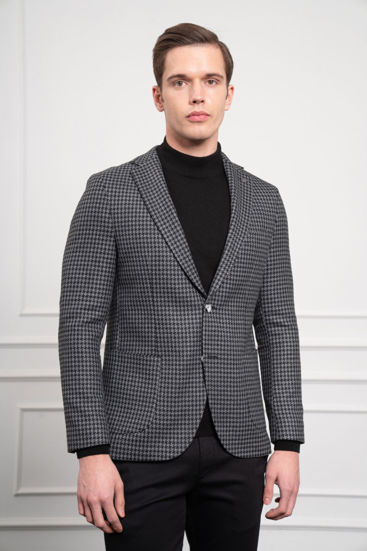  Erkek Siyah Dokuma Slim Fit Dar Kesim Mono Yaka Ceket