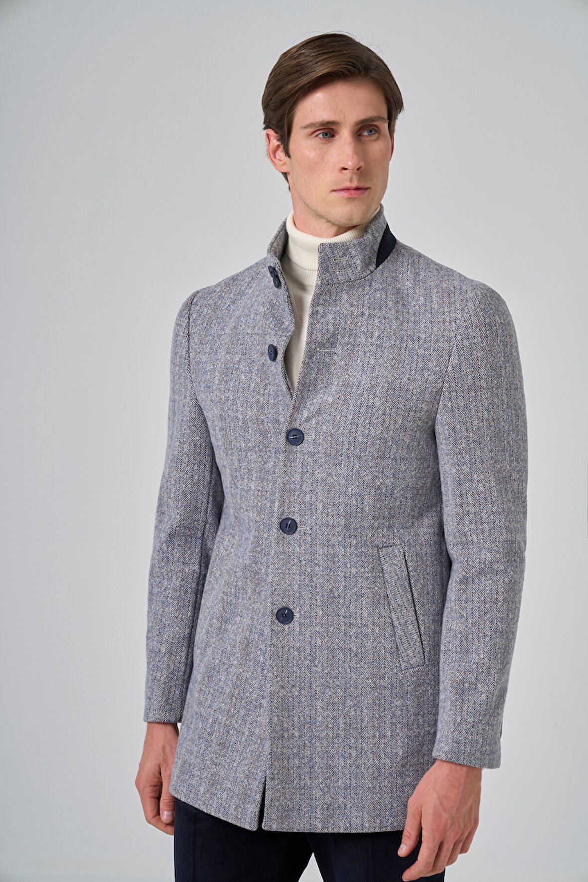  Erkek Lacivert Balık Sırtı Desen Hakim Yaka Dynamic Fit Kaban