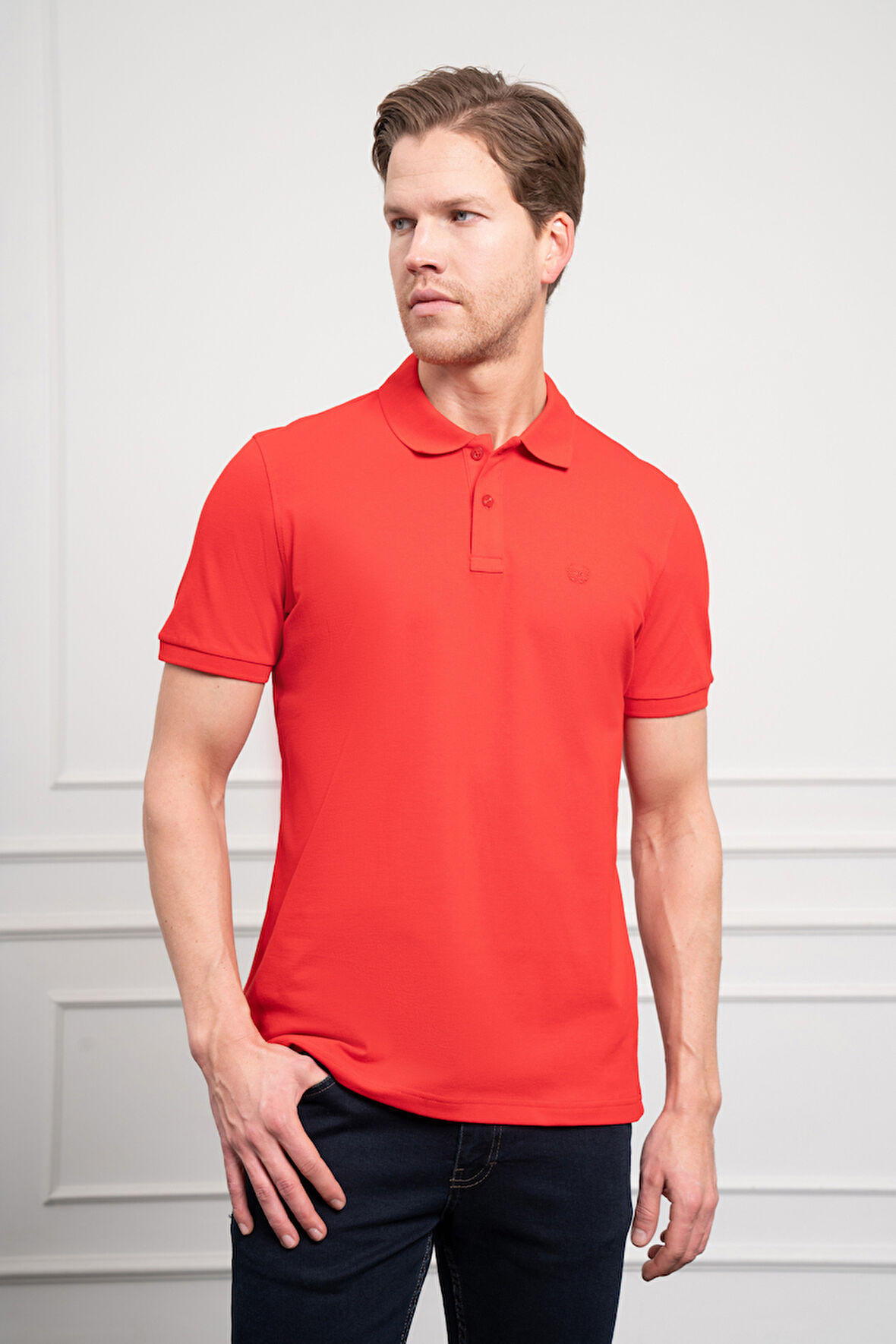  Erkek Kırmızı Basic Polo Yaka Dynamic Fit T-Shirt