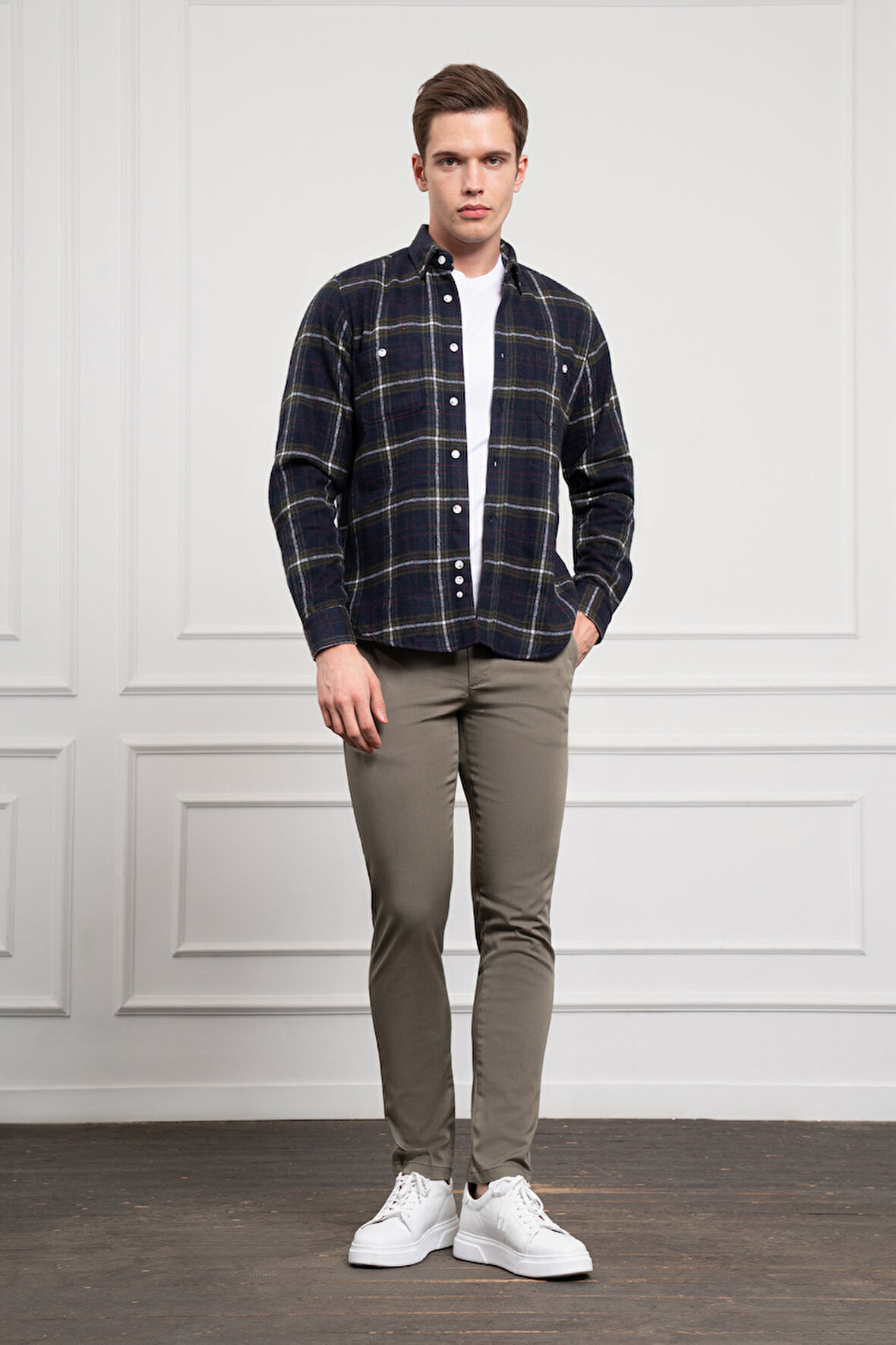  Erkek Haki Regular Fit Desenli Oduncu Gömlek