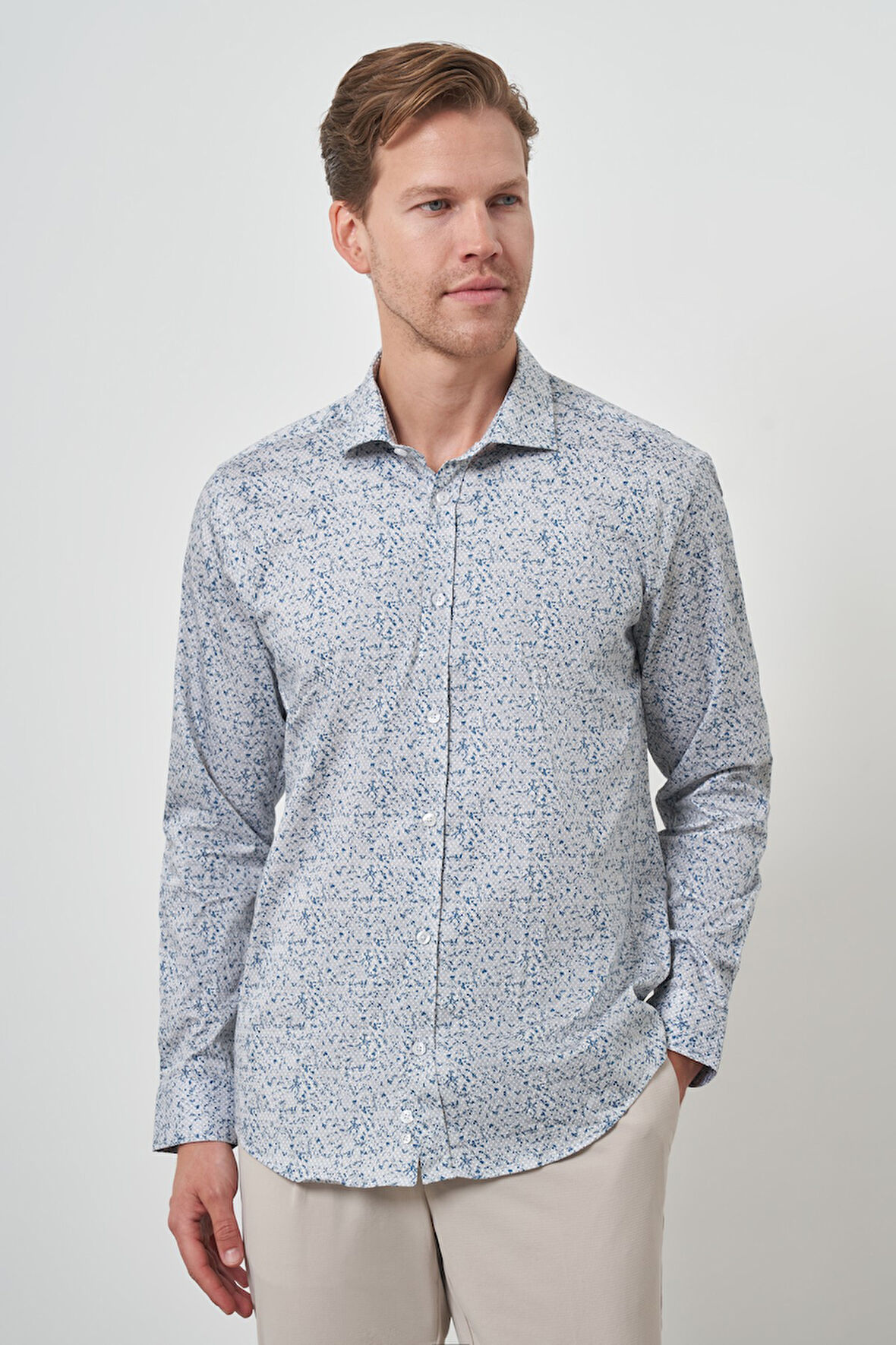  Erkek Mavi Pamuk Trend Slim Fit İtalyan Yaka Gömlek