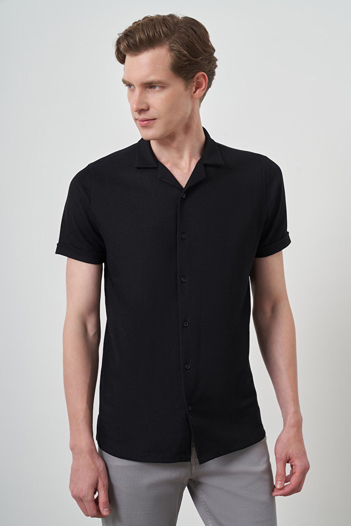  Erkek Siyah Trend Apaçi Yaka Kısa Kollu Gömlek