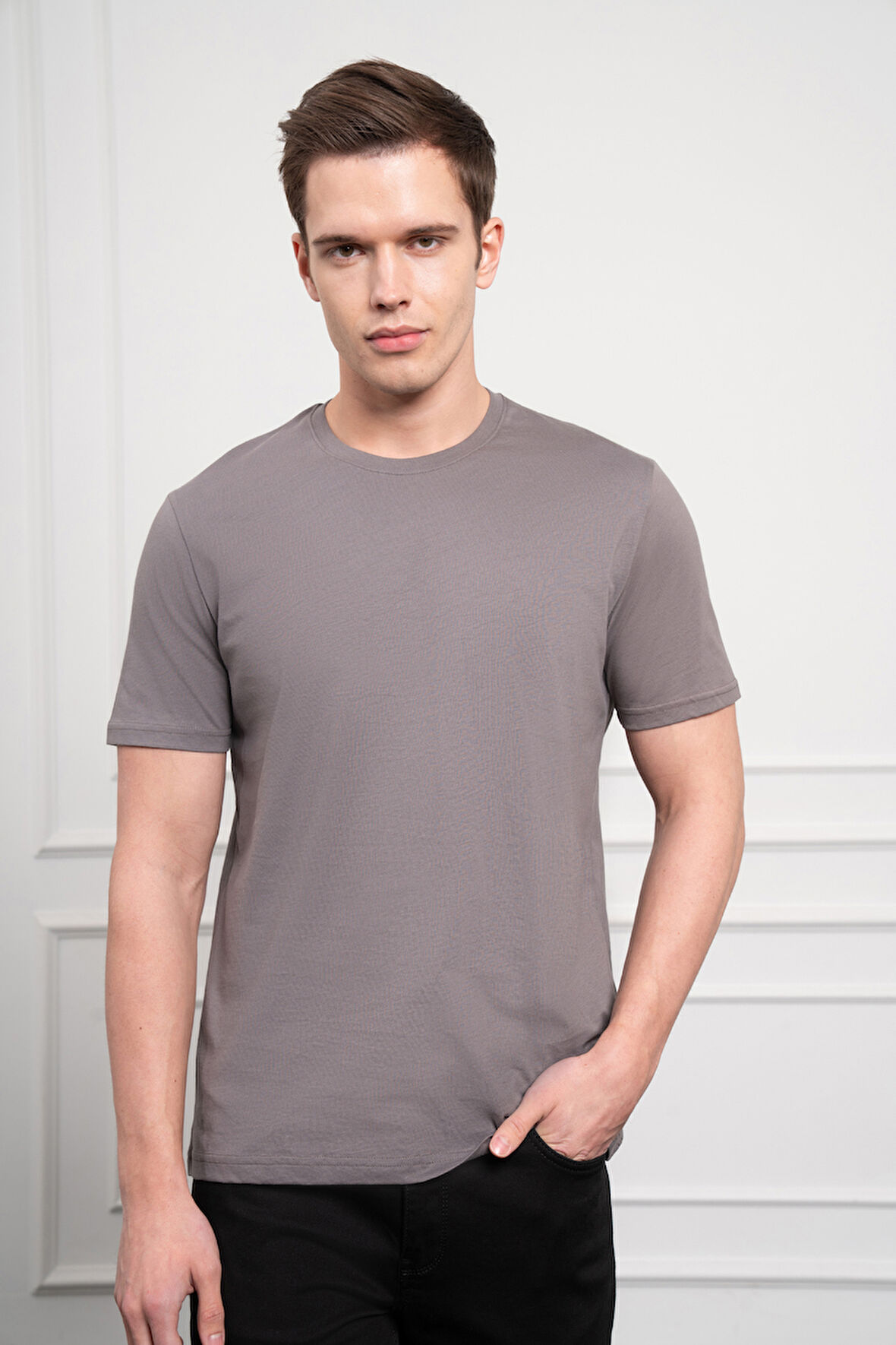  Erkek Antrasit Basic Bisiklet Yaka Dynamic Fit Pamuk T-Shirt