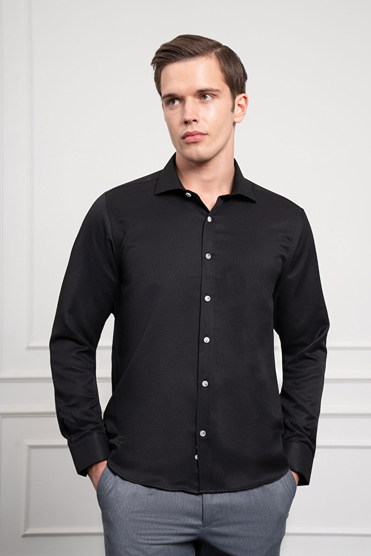  Erkek Siyah Trend İtalyan Yaka  Slim Fit Dar Kesim Gömlek