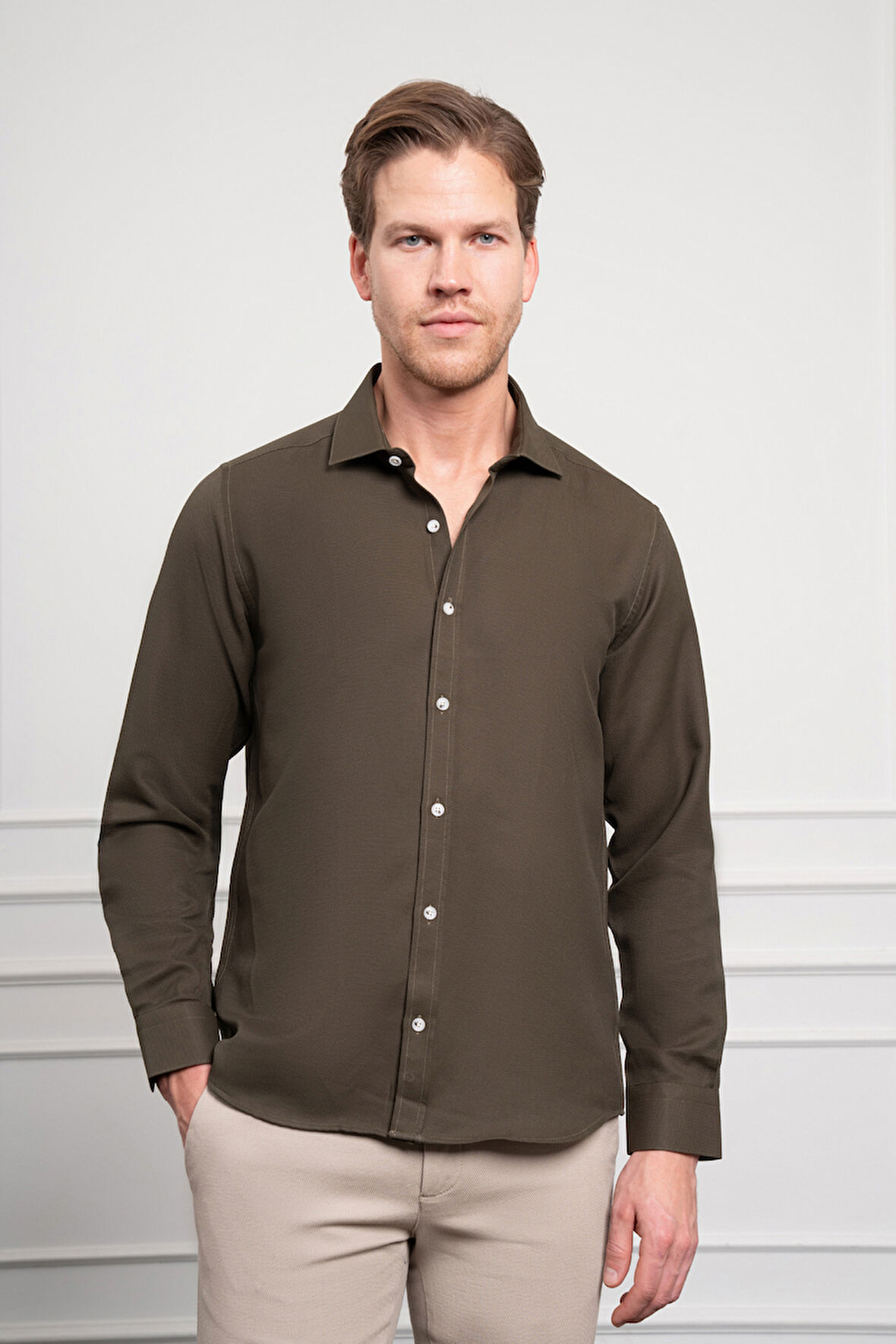  Erkek Haki Trend İtalyan Yaka  Slim Fit Dar Kesim Gömlek
