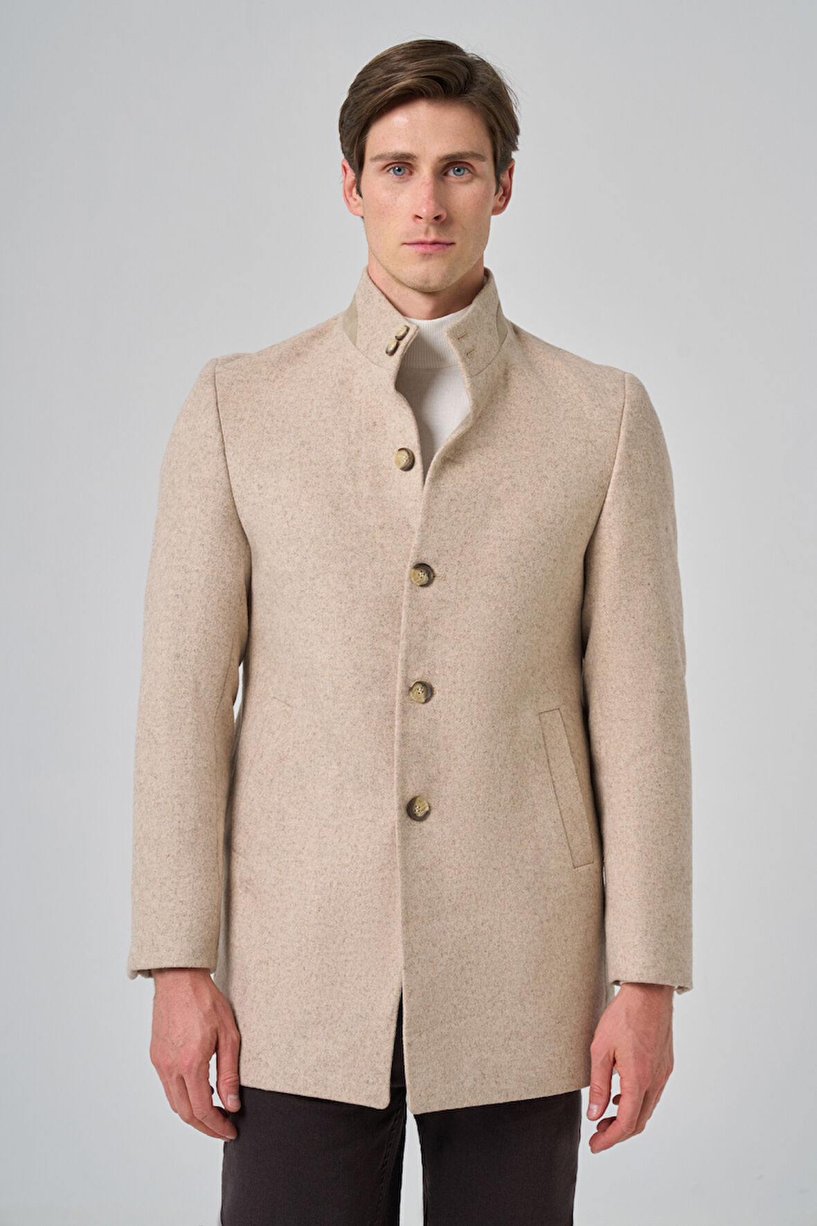  Erkek Bej Yünlü Dynamic Fit Hakim Yaka Kaban