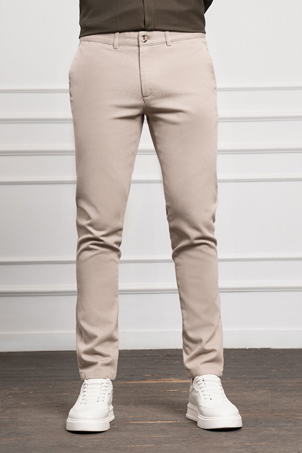  Erkek Bej Slim Fit Dar Kesim Chino Pantolon