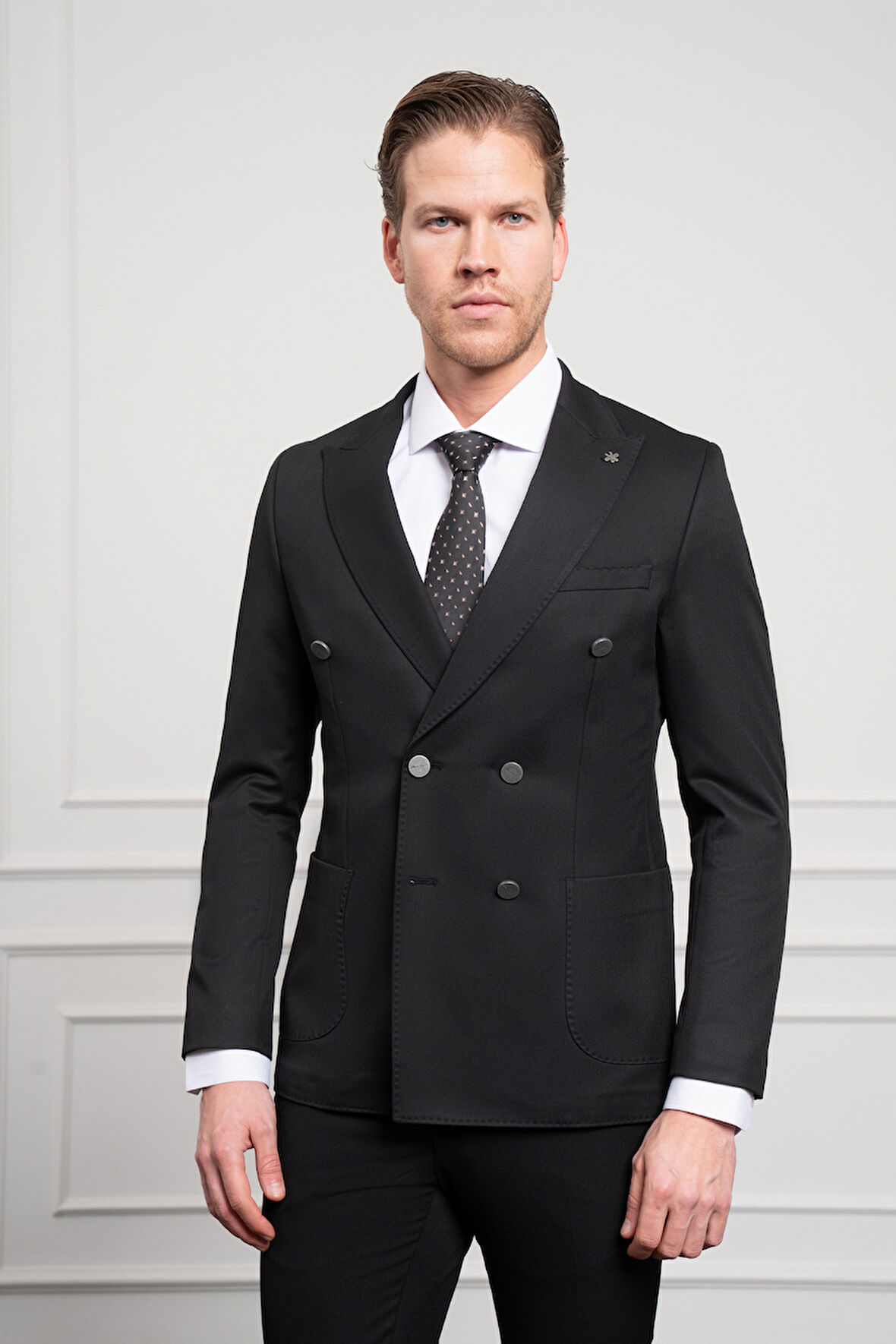  Erkek Siyah Kruvaze Slim Fit Sivri Yaka Takım Elbise