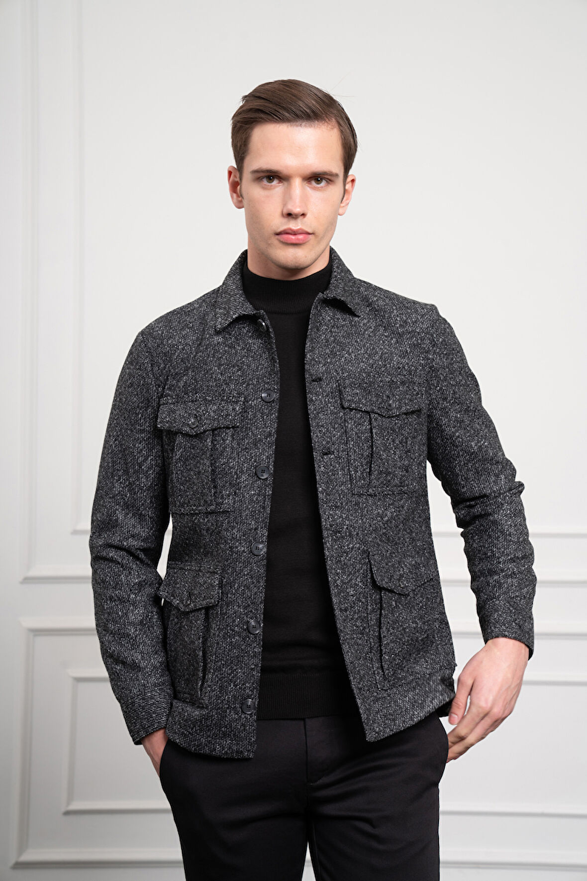  Erkek Siyah Worker Dynamic Fit Rahat Kesim Gömlek Ceket