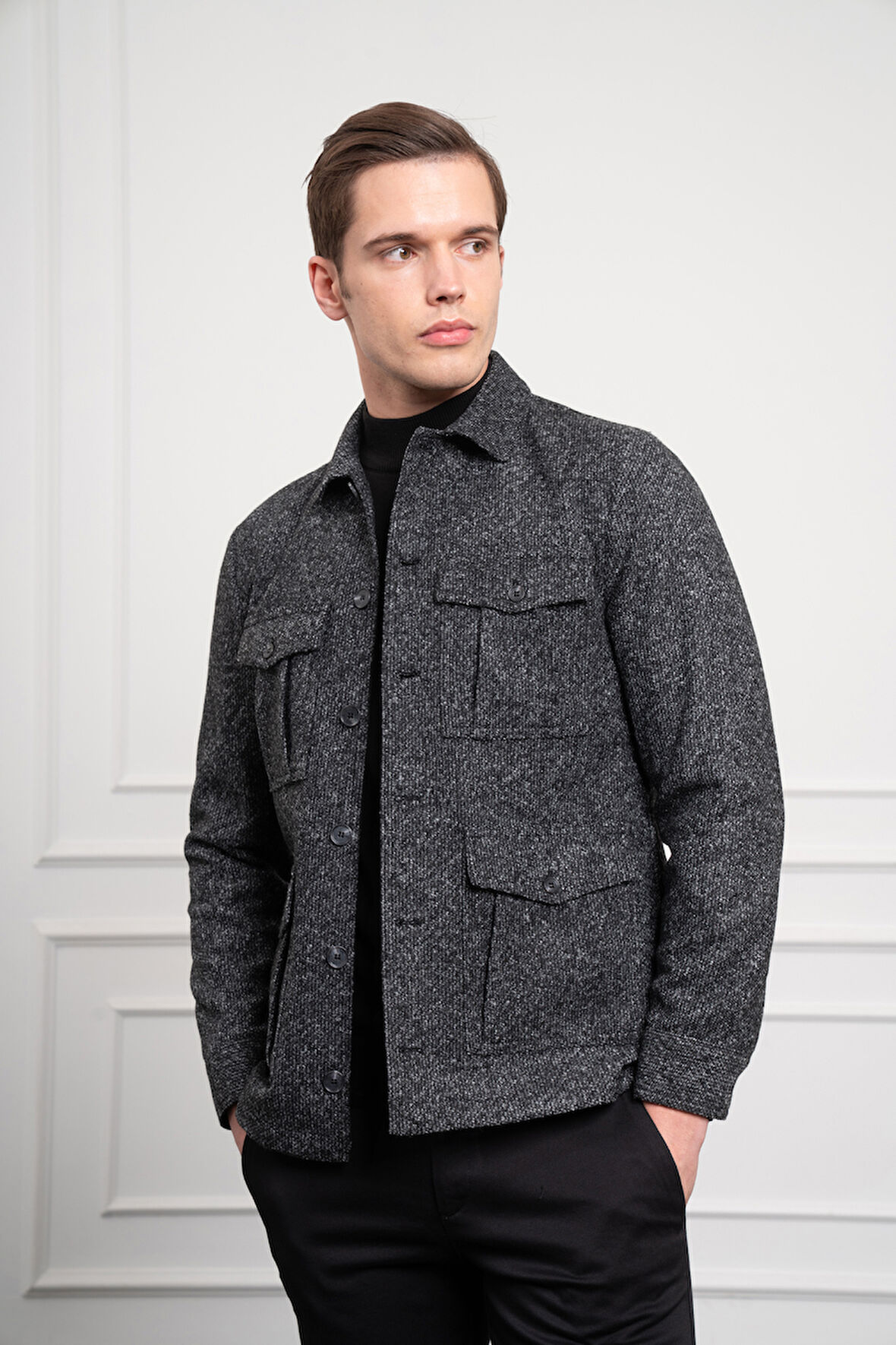  Erkek Siyah Worker Dynamic Fit Rahat Kesim Gömlek Ceket