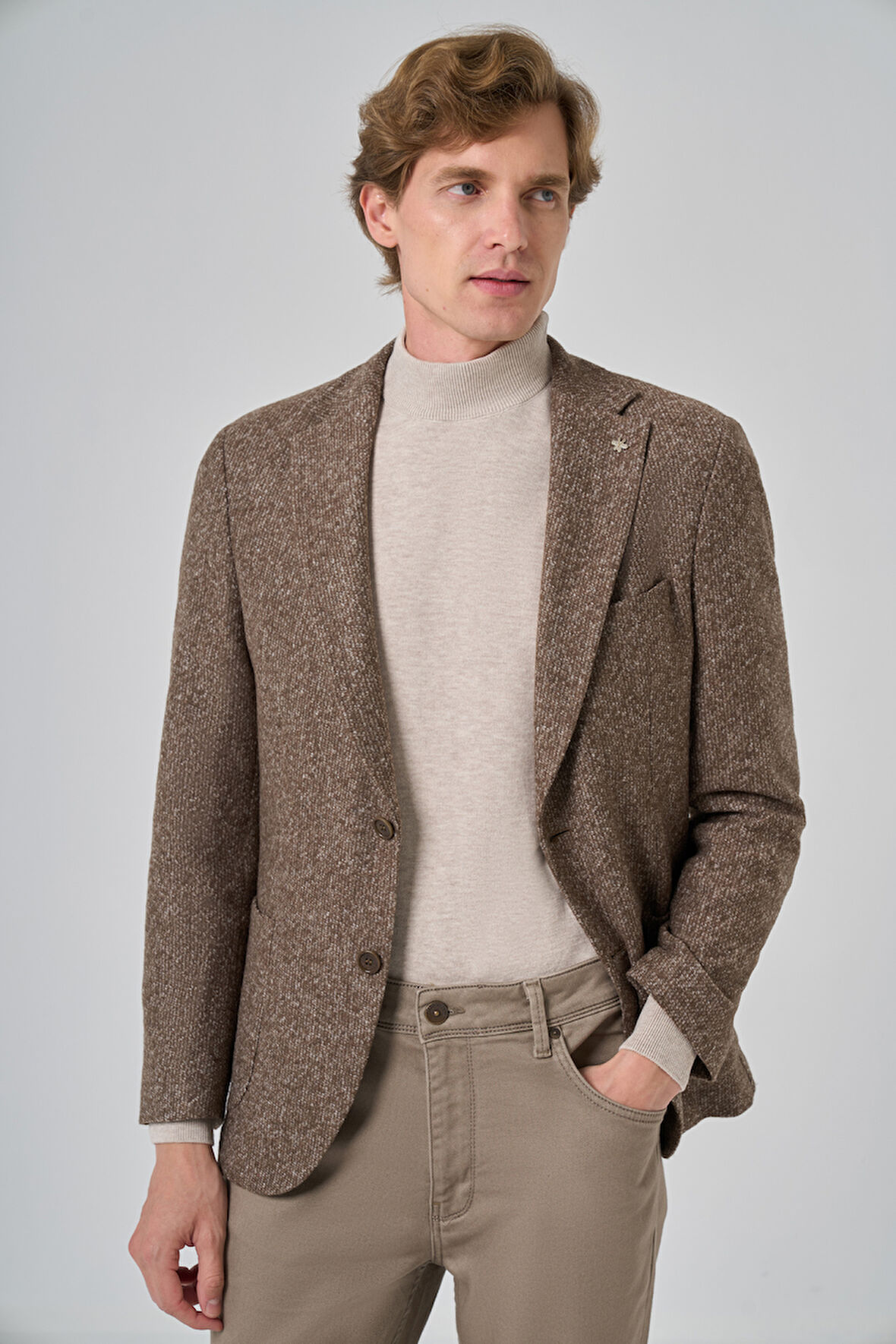  Erkek KAHVE Örme Slim Fit Mono Yaka Ceket