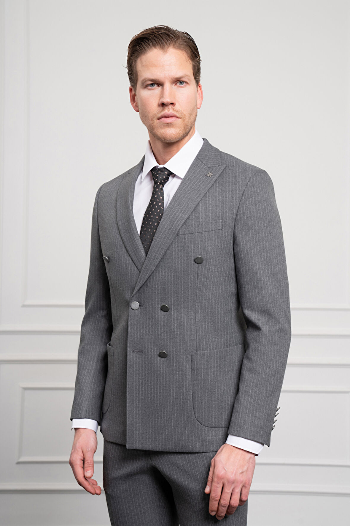  Erkek Füme Trend Kruvaze Slim Fit Dar Kesim Sivri Yaka Takım Elbise