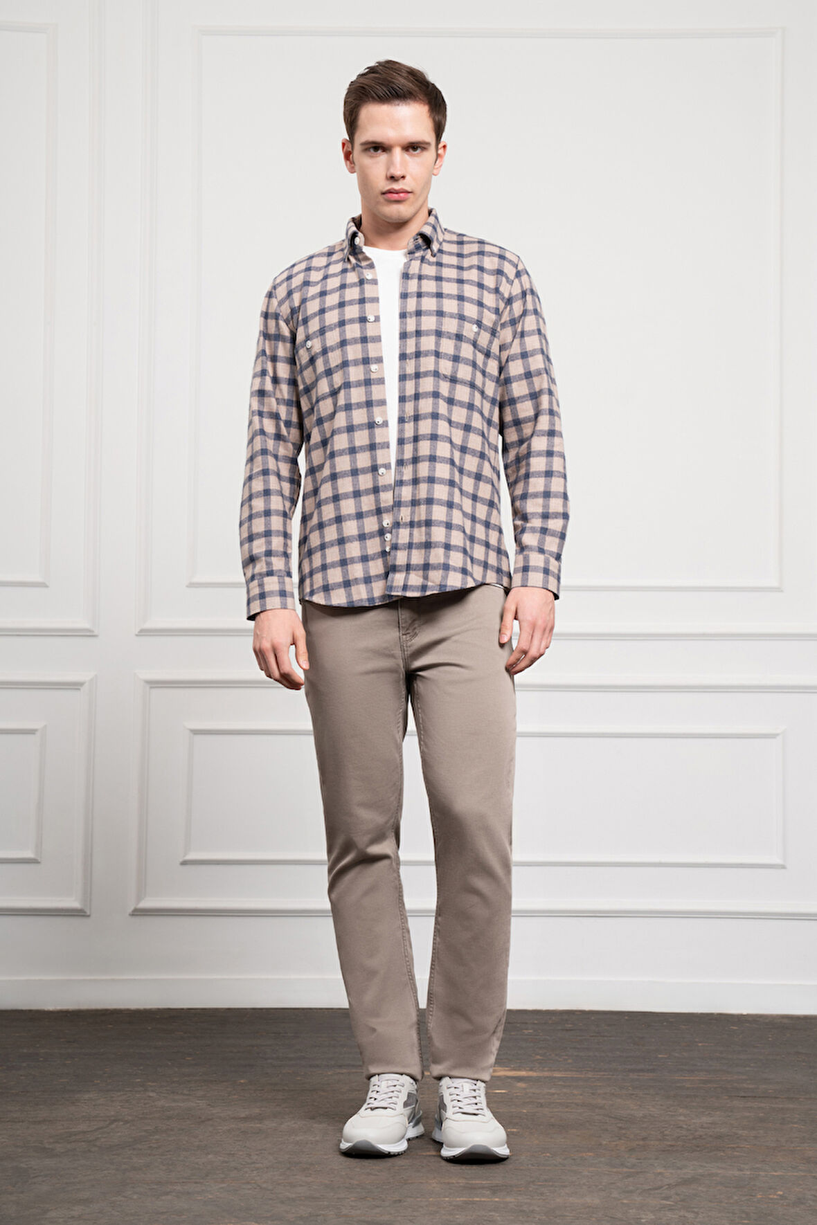  Erkek Lacivert Kışlık Düğmeli Yaka Regular Fit Gömlek