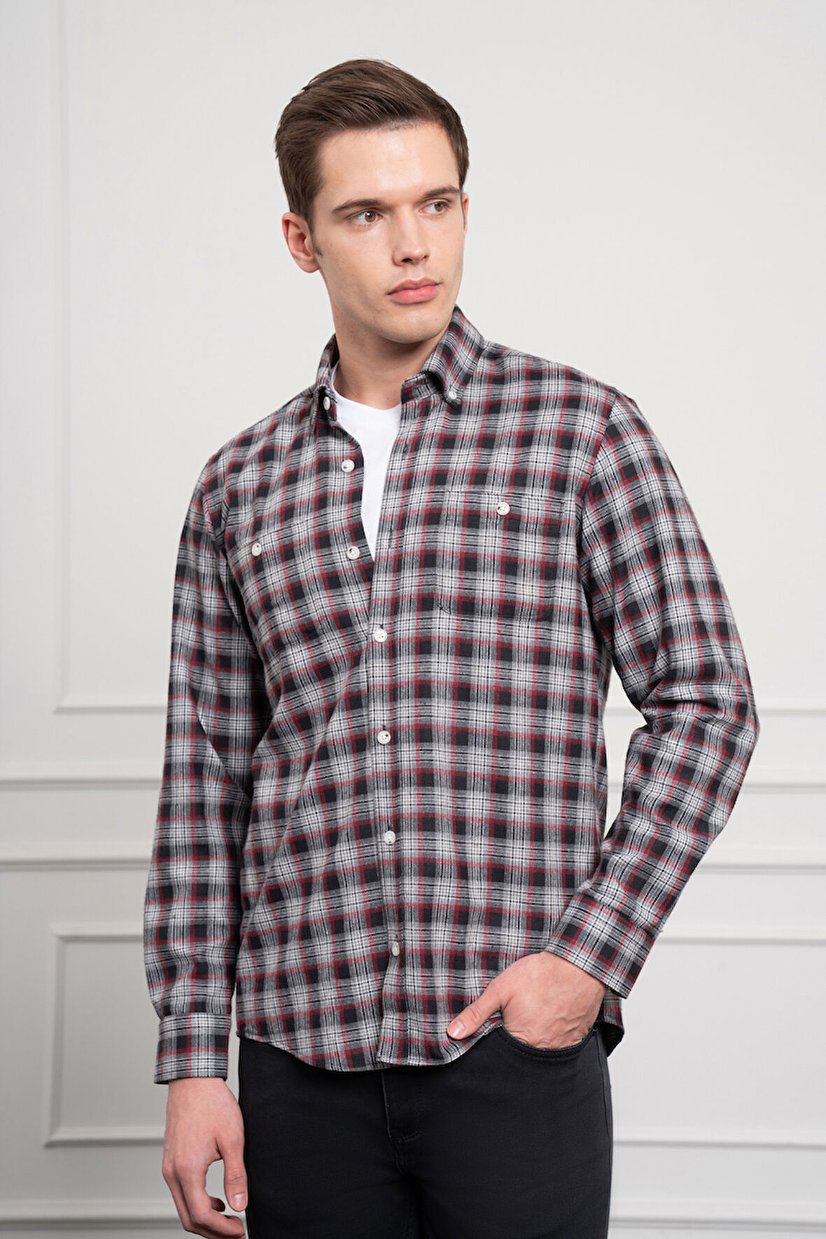  Erkek Gri Kışlık Düğmeli Yaka Regular Fit Gömlek