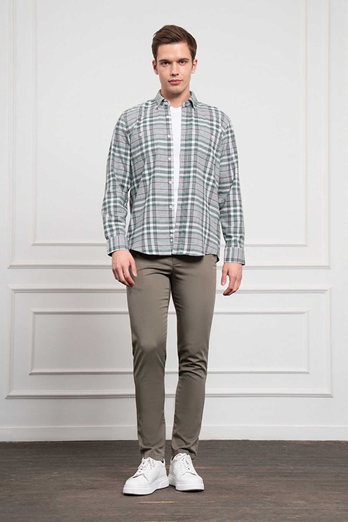  Erkek Yeşil Kışlık Düğmeli Yaka Regular Fit Gömlek