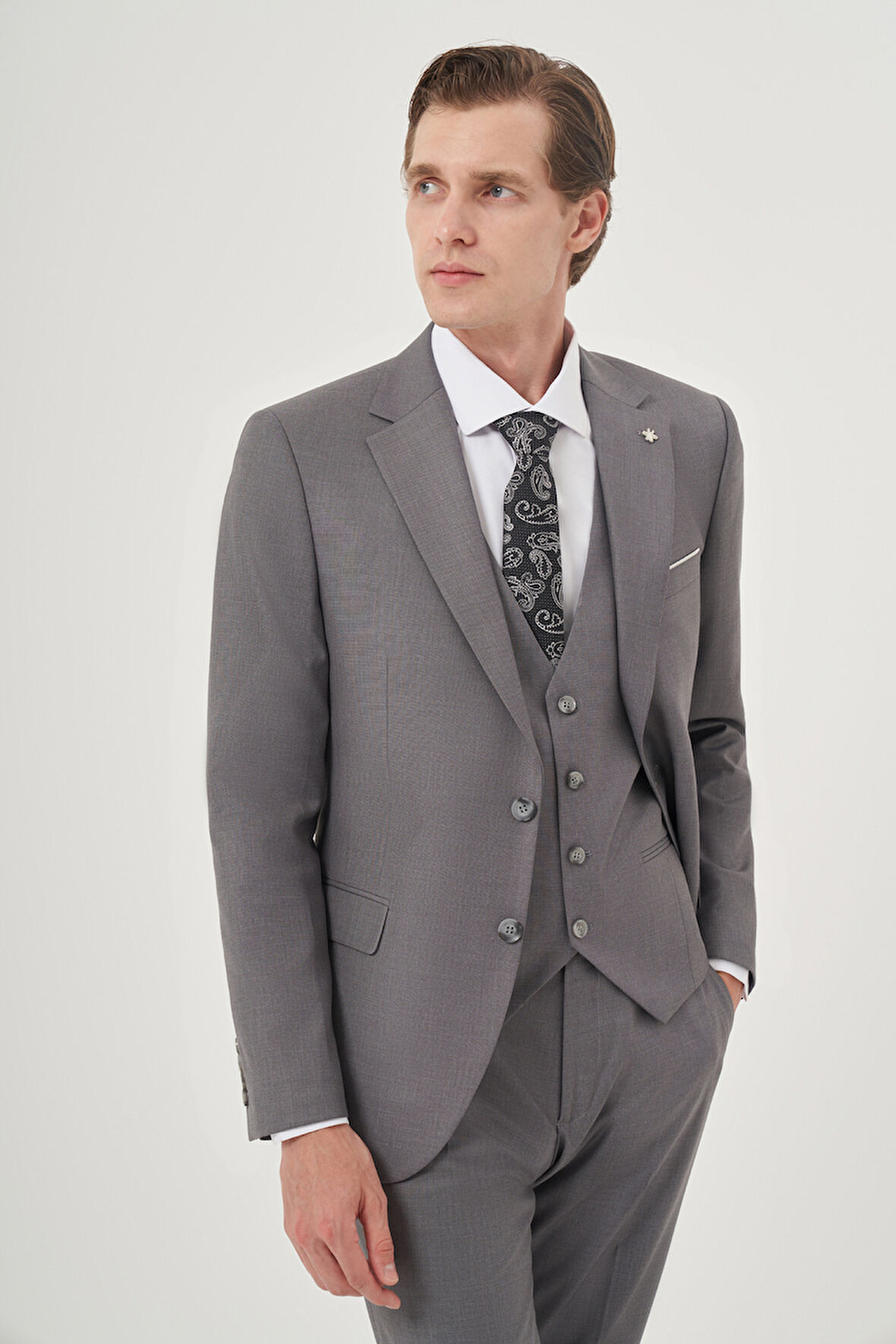  Erkek Gri Poliviskon Slim Fit Mono Yaka Yelekli Takım Elbise