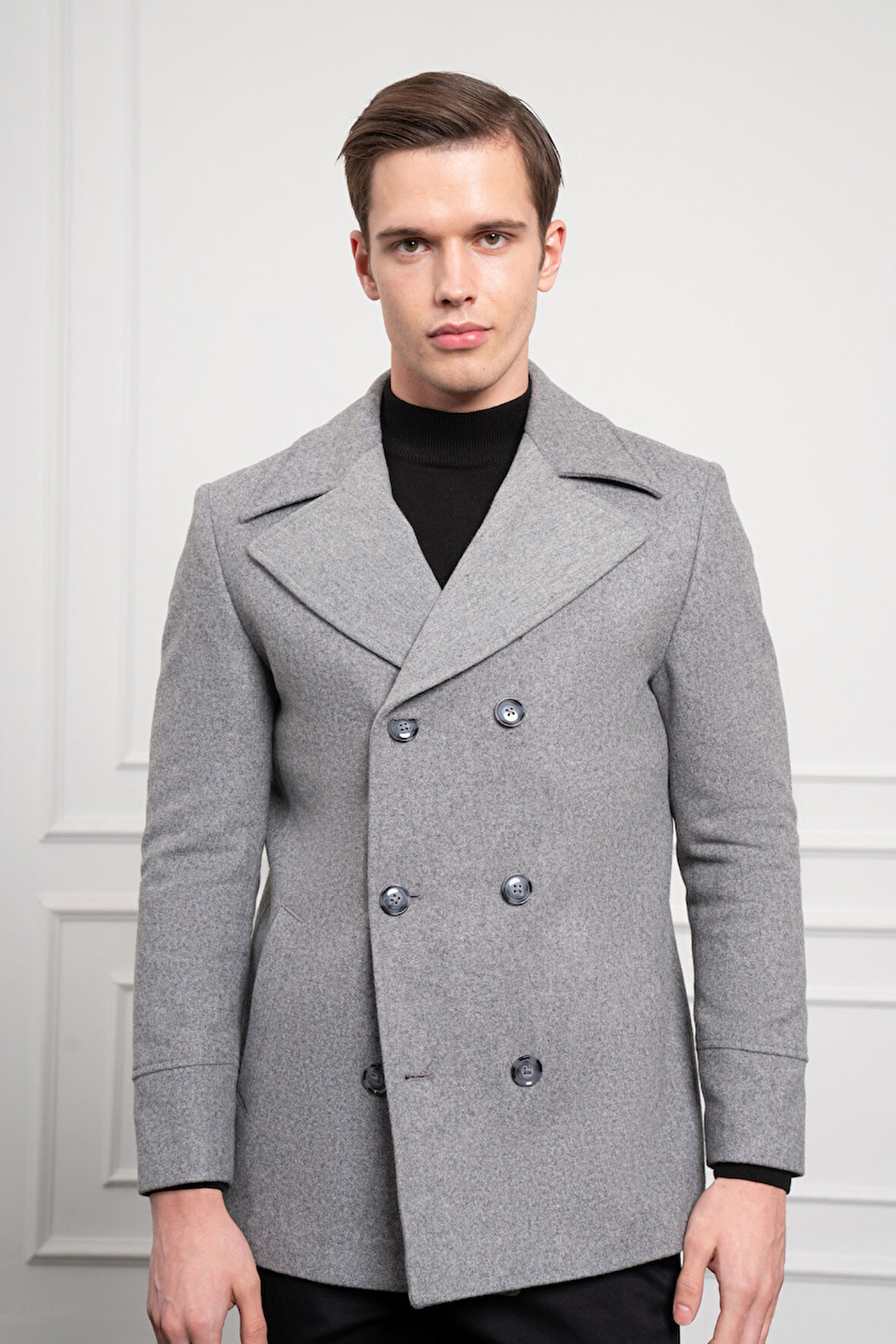  Erkek Gri Yünlü Kruvaze Dynamic Fit Sivri Yaka Kaban