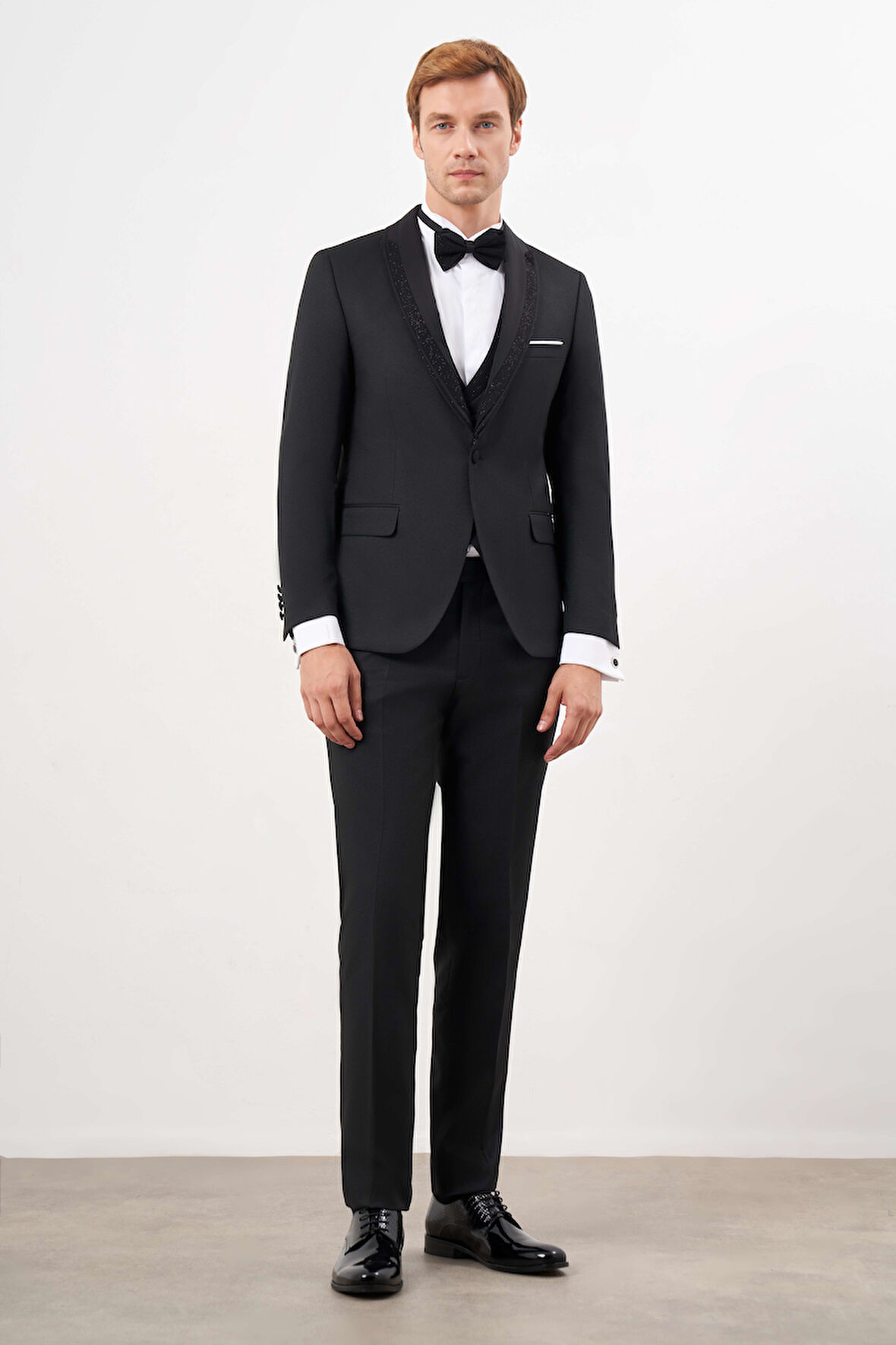  Erkek Siyah Poliviskon Ceromonia Jakar Desen Slim Fit Şal Çıkma Yaka Damatlık