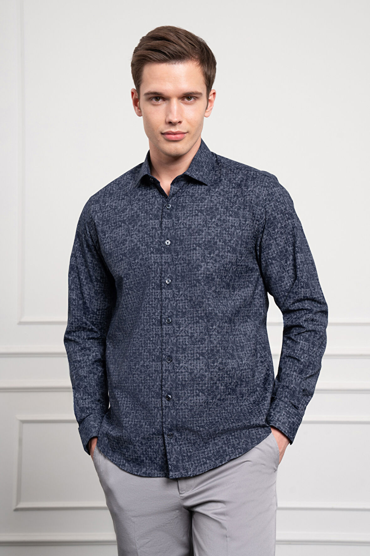  Erkek KOYU LACİVERT Trend Dynamic Fit İtalyan Yaka Gömlek