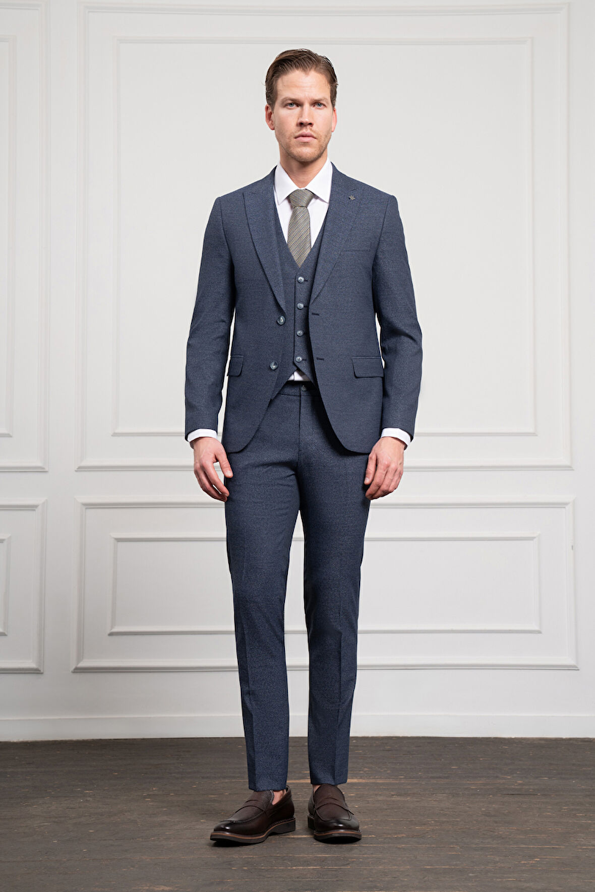  Erkek Lacivert Poliviskon Trend Yelekli Desenli Slim Fit Sivri Yaka Takım Elbise