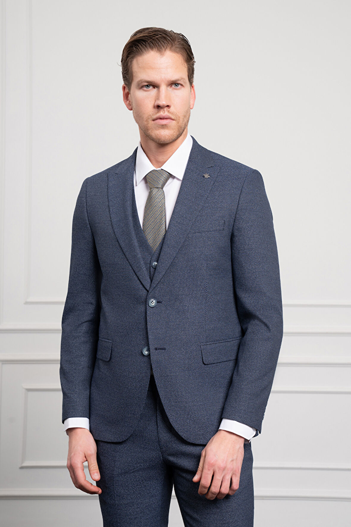  Erkek Lacivert Poliviskon Trend Yelekli Desenli Slim Fit Sivri Yaka Takım Elbise
