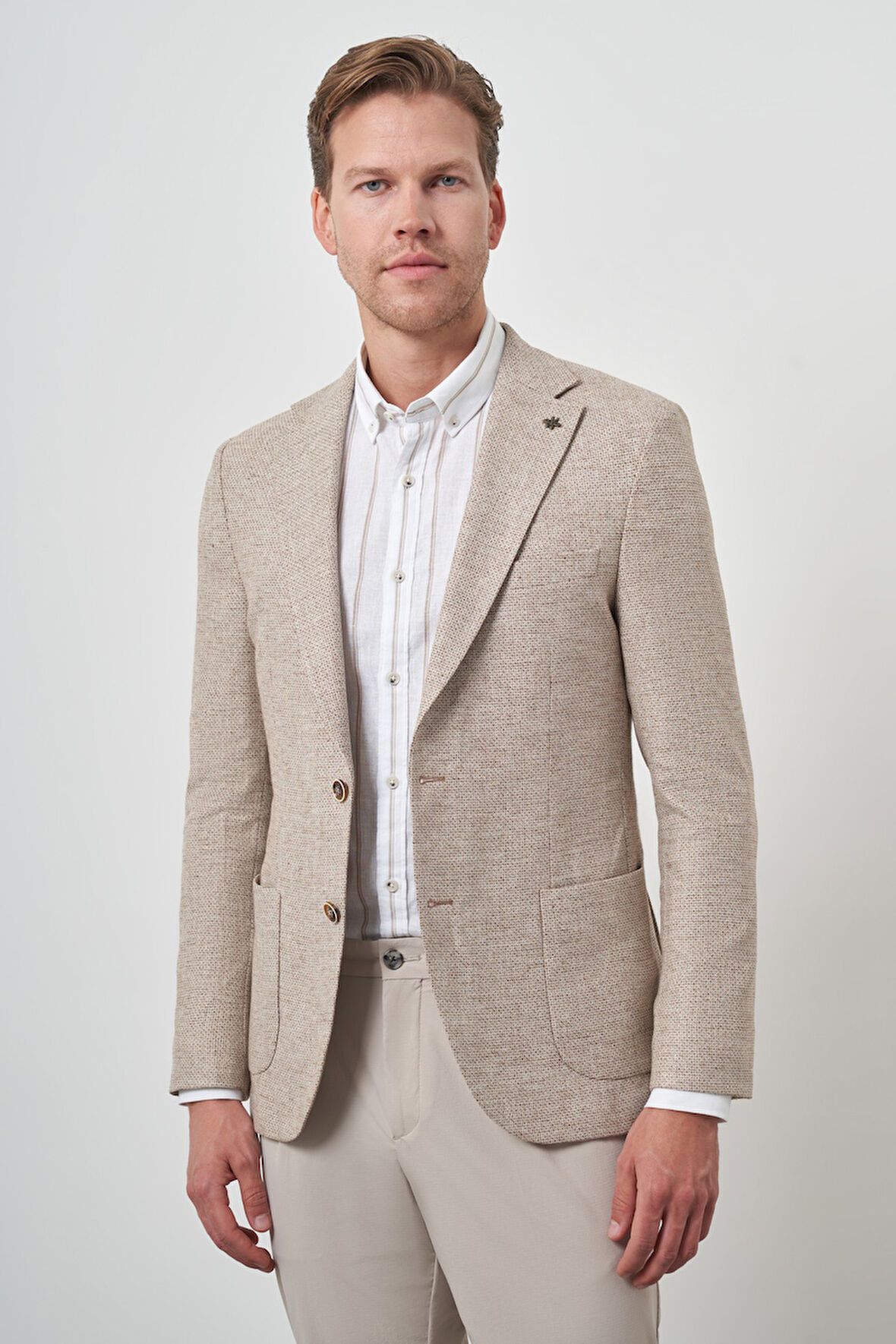 Erkek KAHVE Keten Dokuma Slim Fit Mono Yaka Ceket