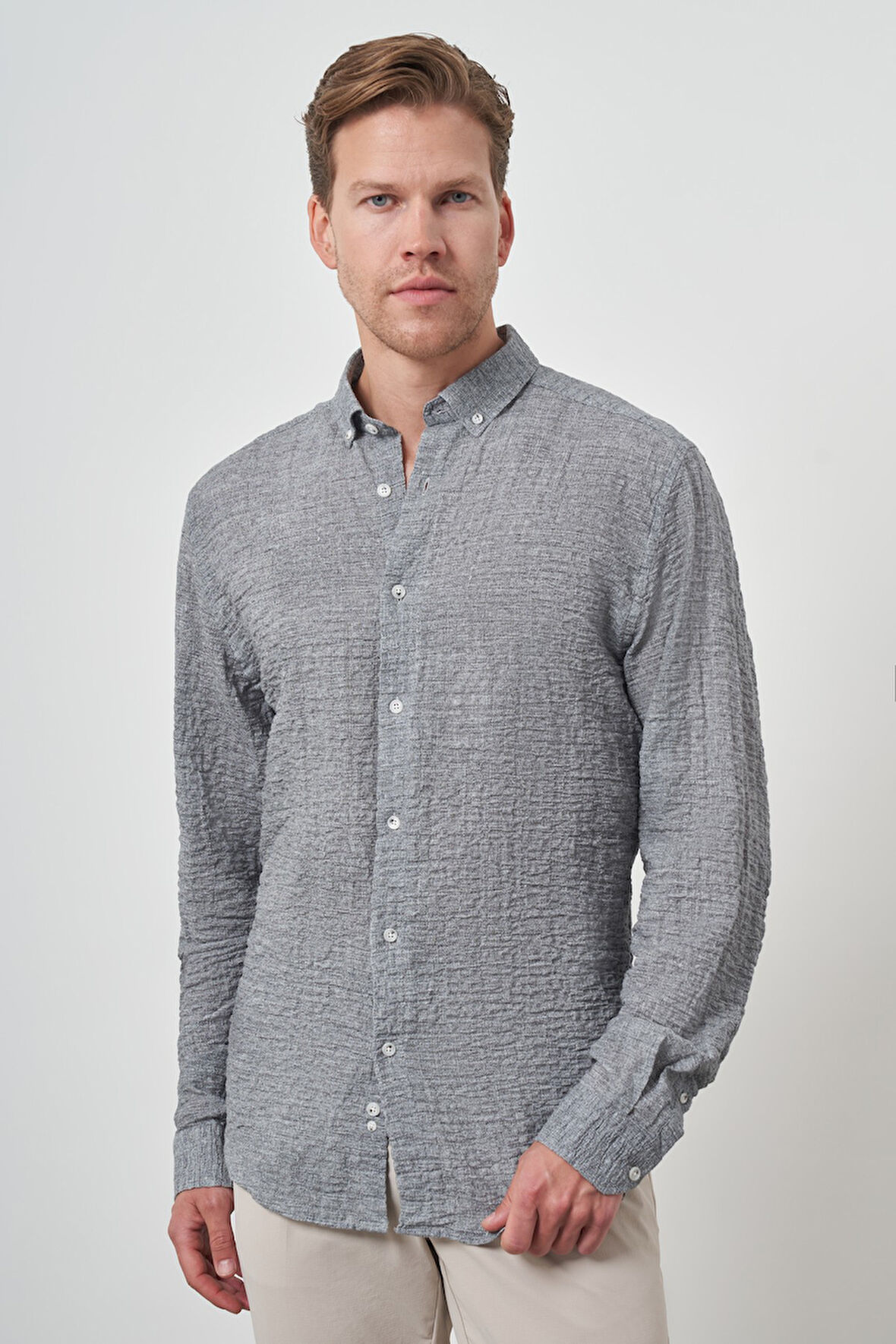  Erkek Gri Pamuk Trend Slim Fit Düğmeli Yaka Gömlek