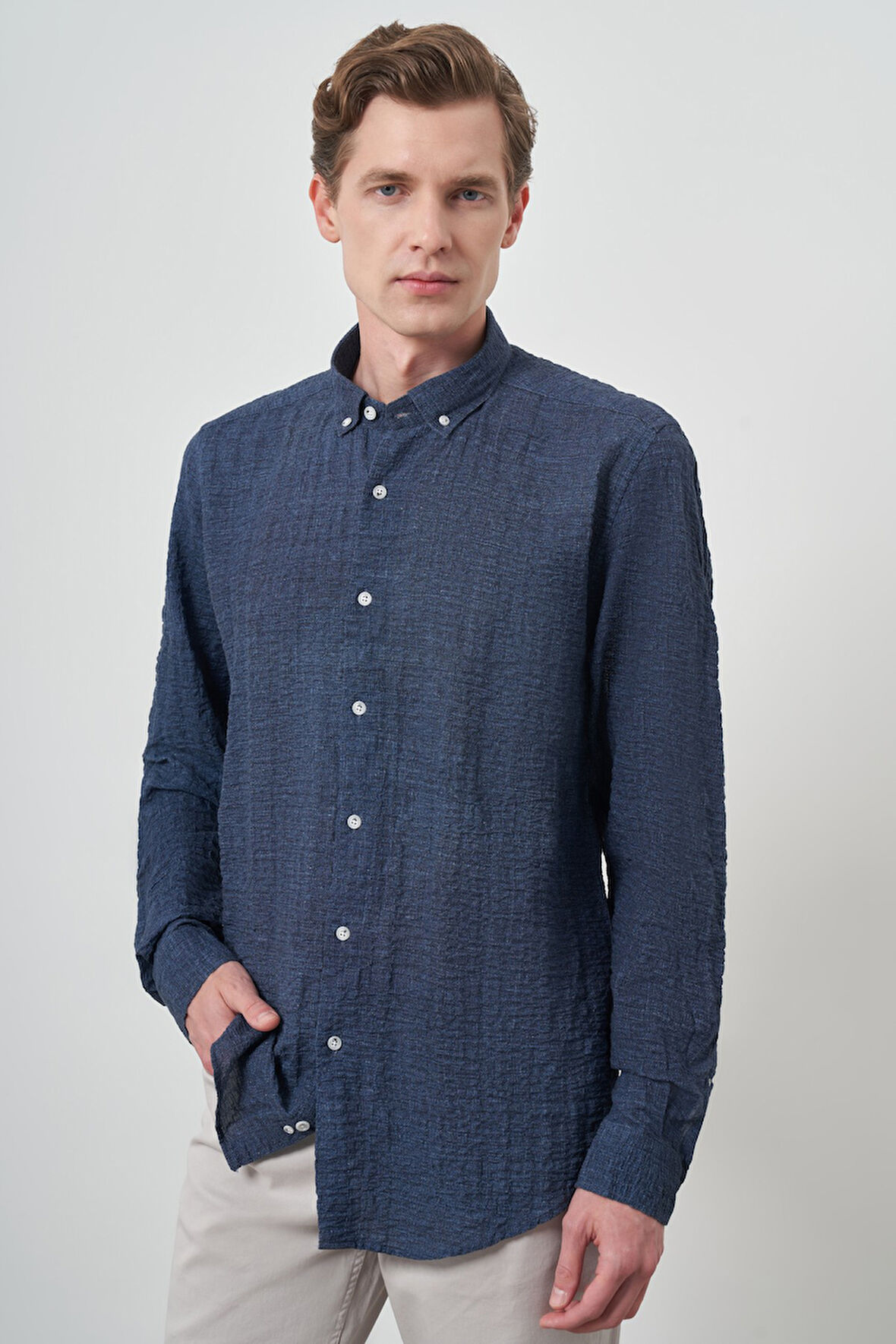  Erkek Lacivert Pamuk Trend Slim Fit Düğmeli Yaka Gömlek