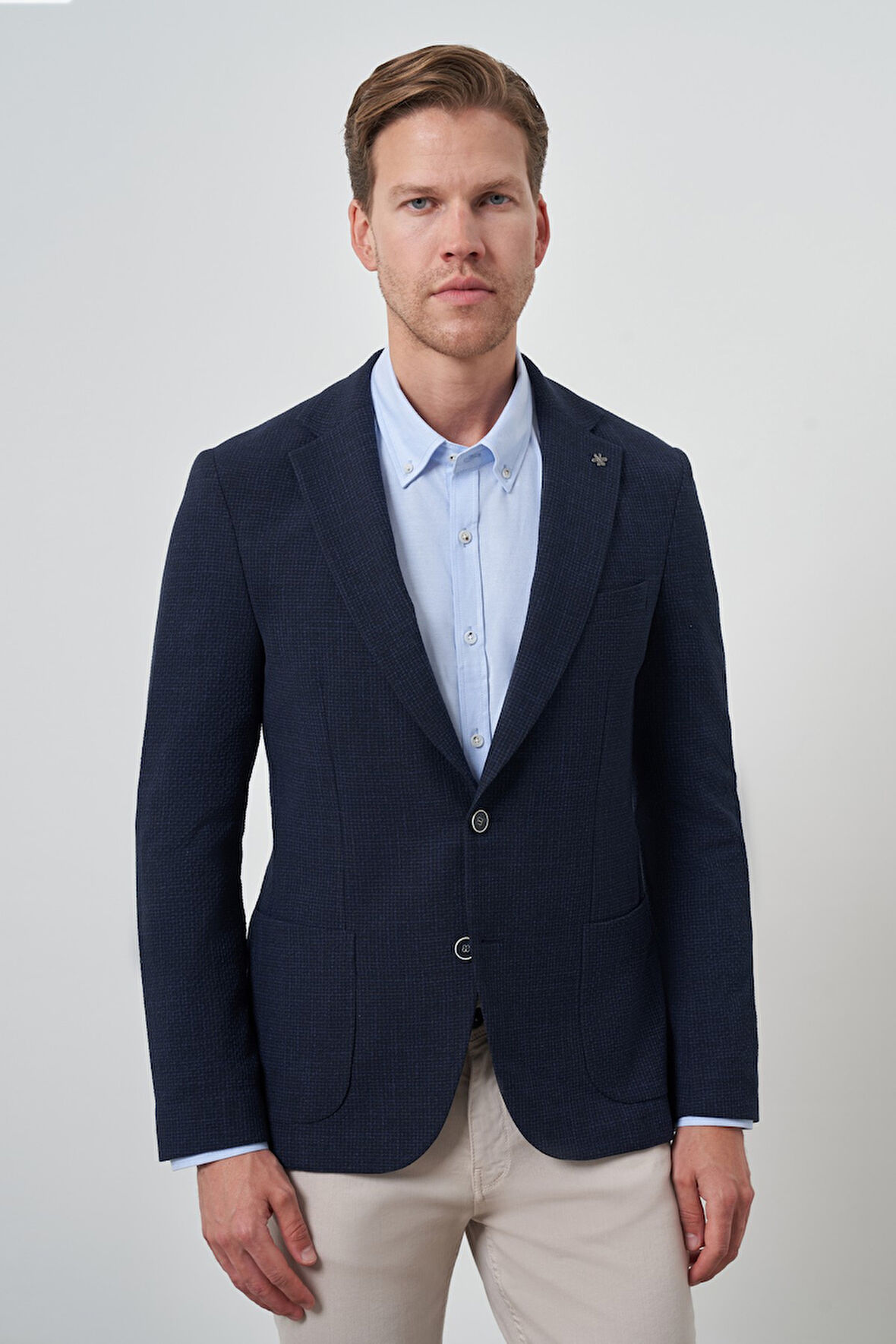  Erkek Lacivert Dokuma Slim Fit Mono Yaka Ceket