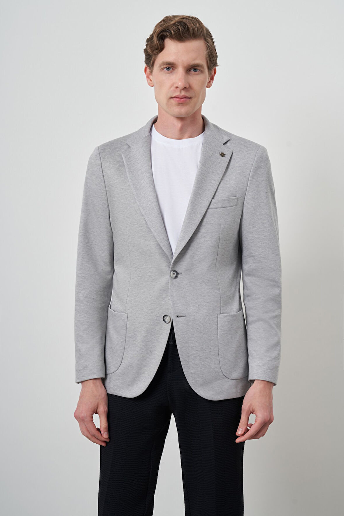  Erkek Gri Örme Slim Fit Mono Yaka Ceket