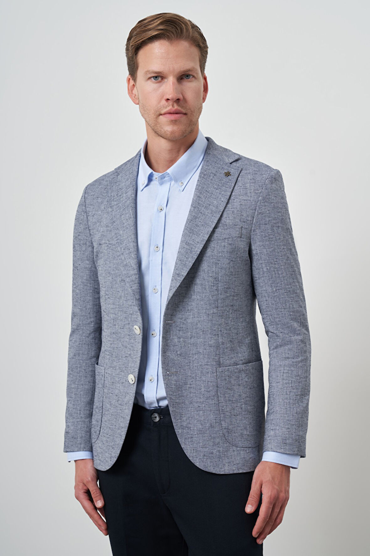  Erkek Lacivert Keten Dokuma Slim Fit Mono Yaka Ceket