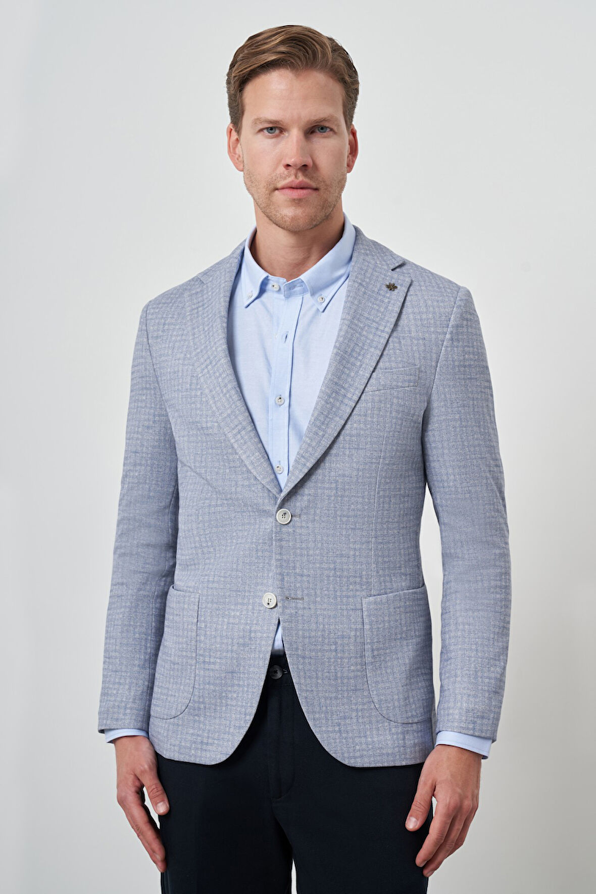 Erkek İndigo Örme Slim Fit Mono Yaka Ceket