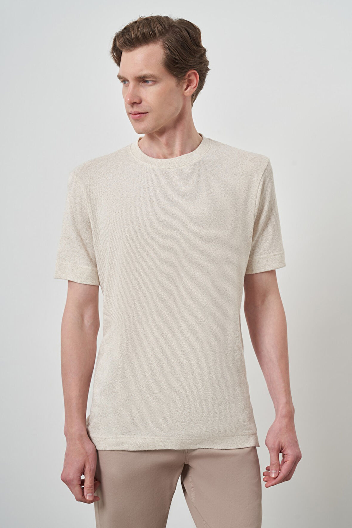  Erkek Bej Trend Bisiklet Yaka T-Shirt