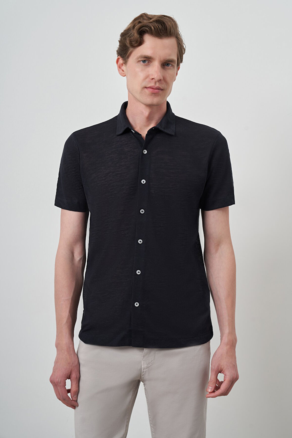  Erkek Lacivert Trend Apaçi Yaka Kısa Kollu Gömlek