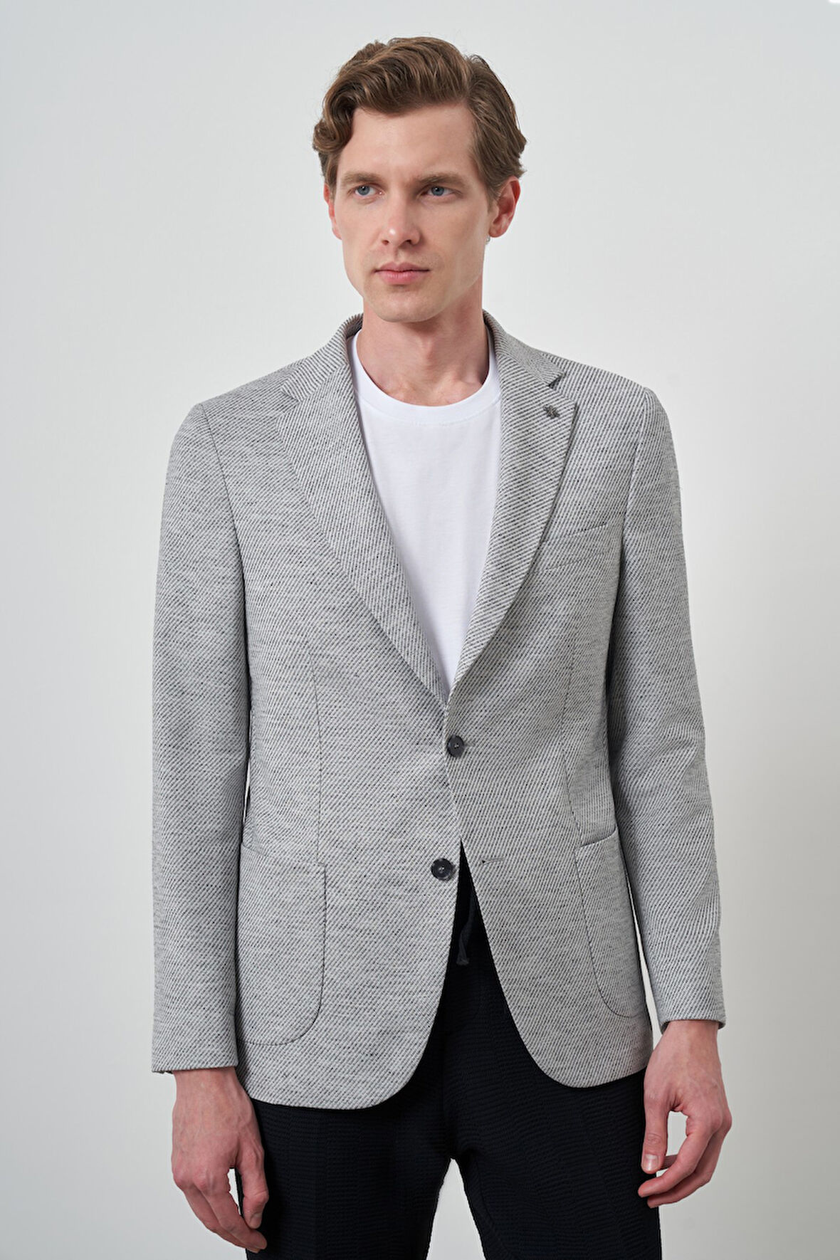  Erkek Gri Keten Dokuma Desenli Slim Fit Mono Yaka Ceket