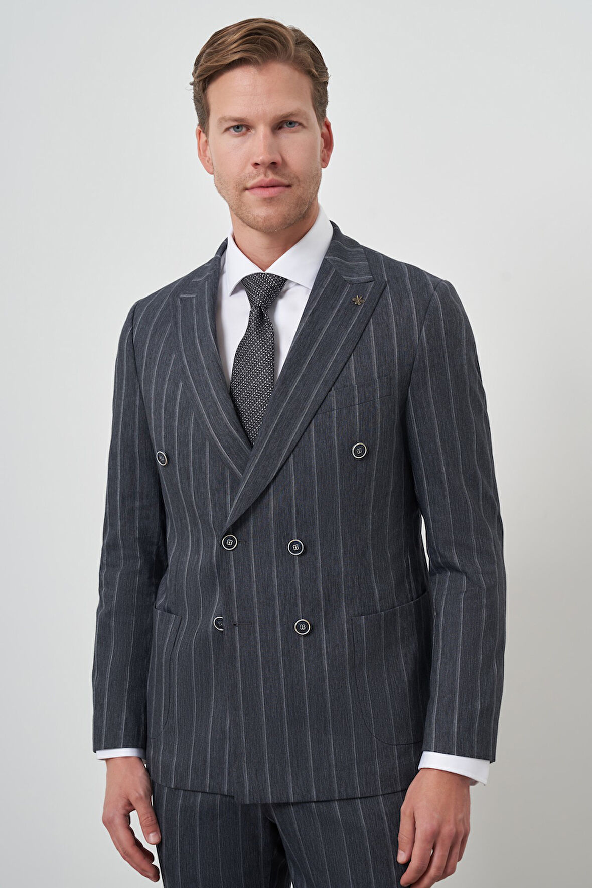  Erkek Lacivert Tend Keten Kruvaze Slim  Fit Sivri Yaka Takım Elbise