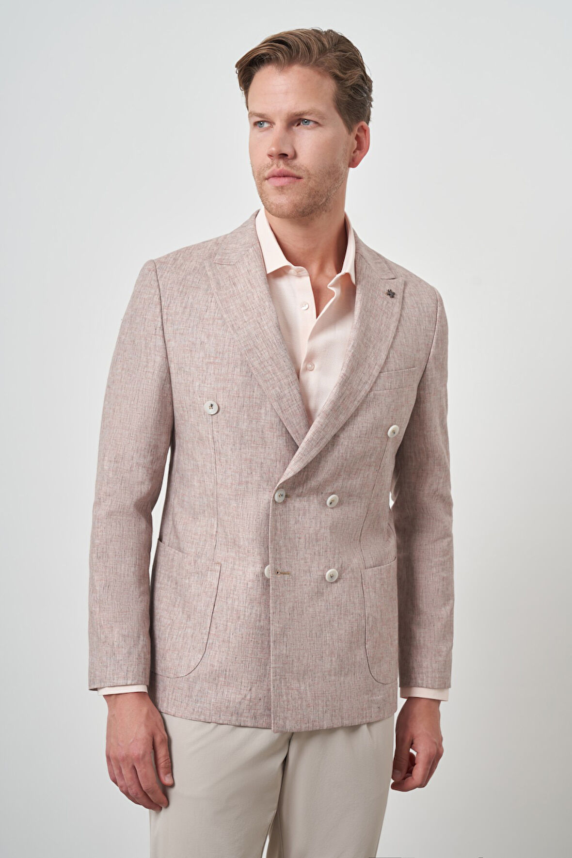 Erkek Kiremit Keten Kruvaze Desenli Slim Fit Sivri Yaka Ceket