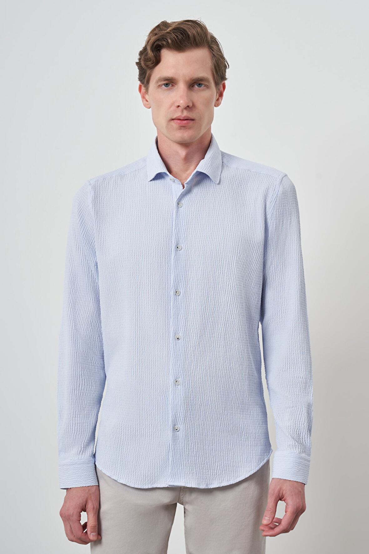  Erkek A. MAVİ Gofre Trend Desenli Dynamic Fit İtalyan Yaka Gömlek